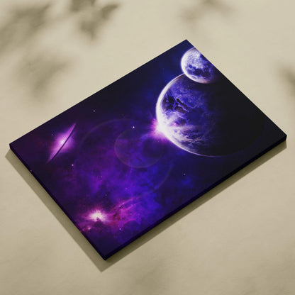 Epic purple blue black space canvas wall art with planets nebulae stars
