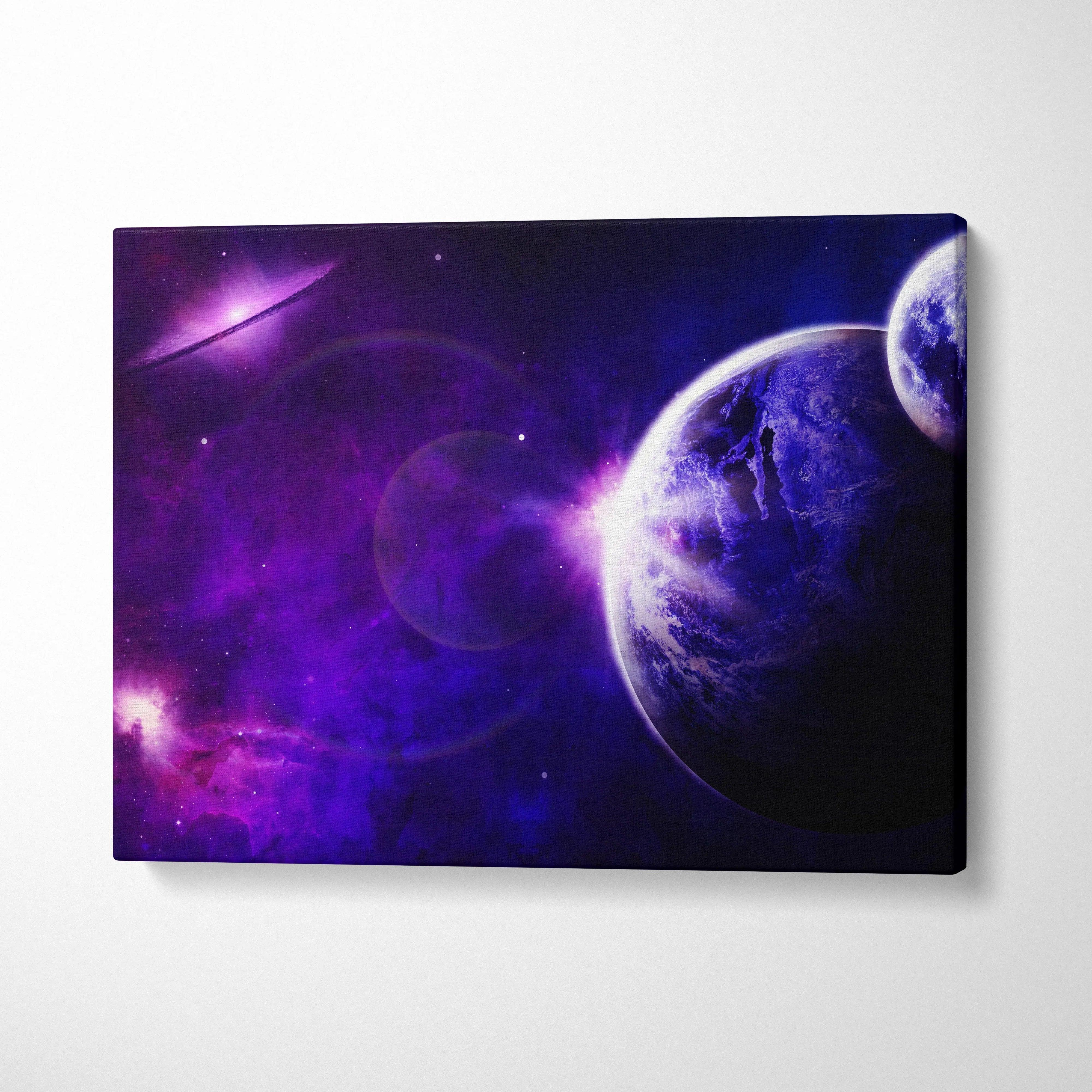 Epic purple blue nebula planets stars cosmic canvas wall art print