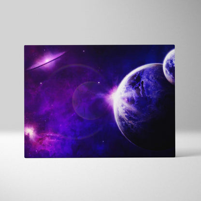 Epic purple blue nebula planets canvas wall art cinematic mood