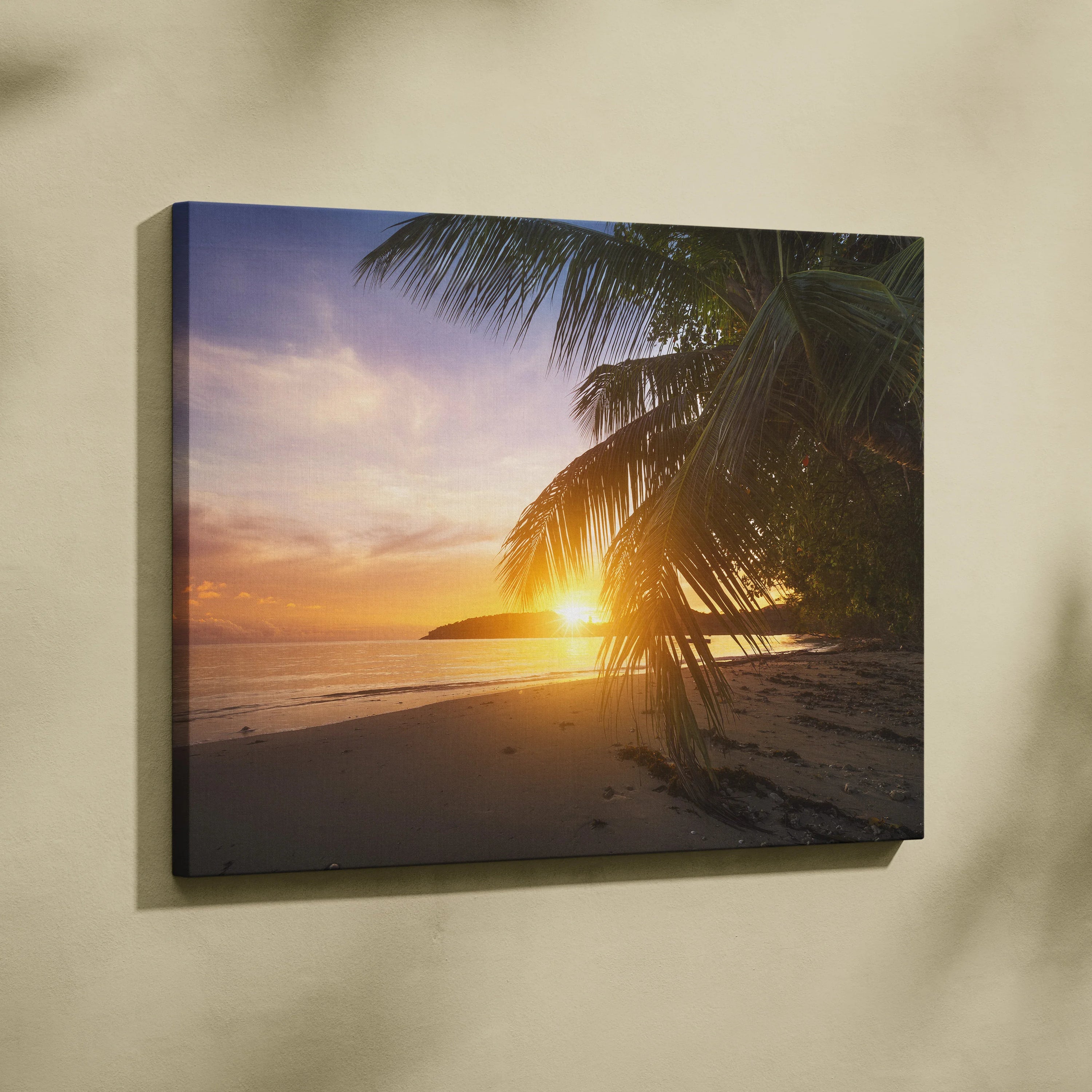 Tropical beach sunset canvas wall art with palm silhouettes