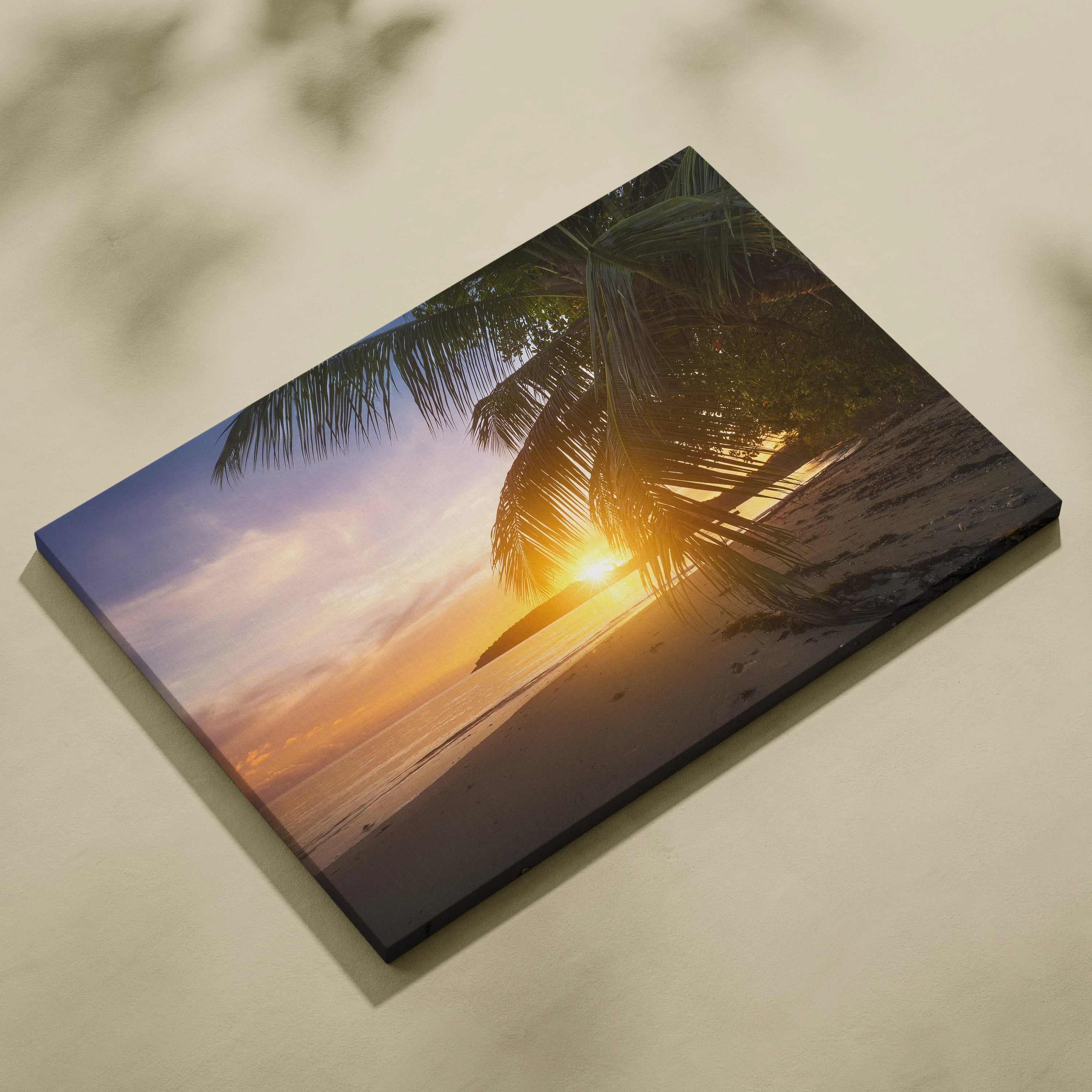 Tropical beach sunset canvas with palm trees in warm orange pink tones