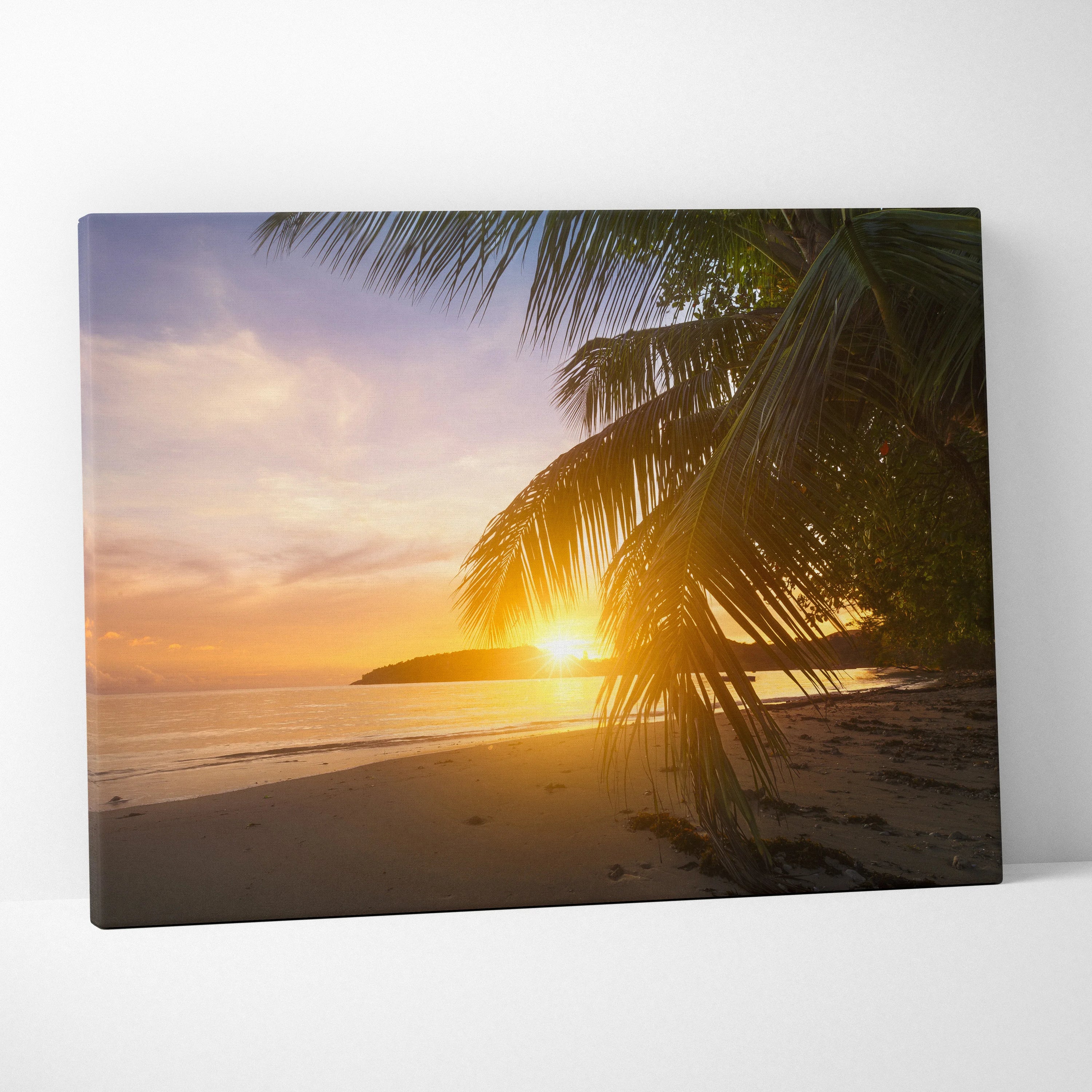Tropical beach sunset canvas with palm trees in warm orange pink tones