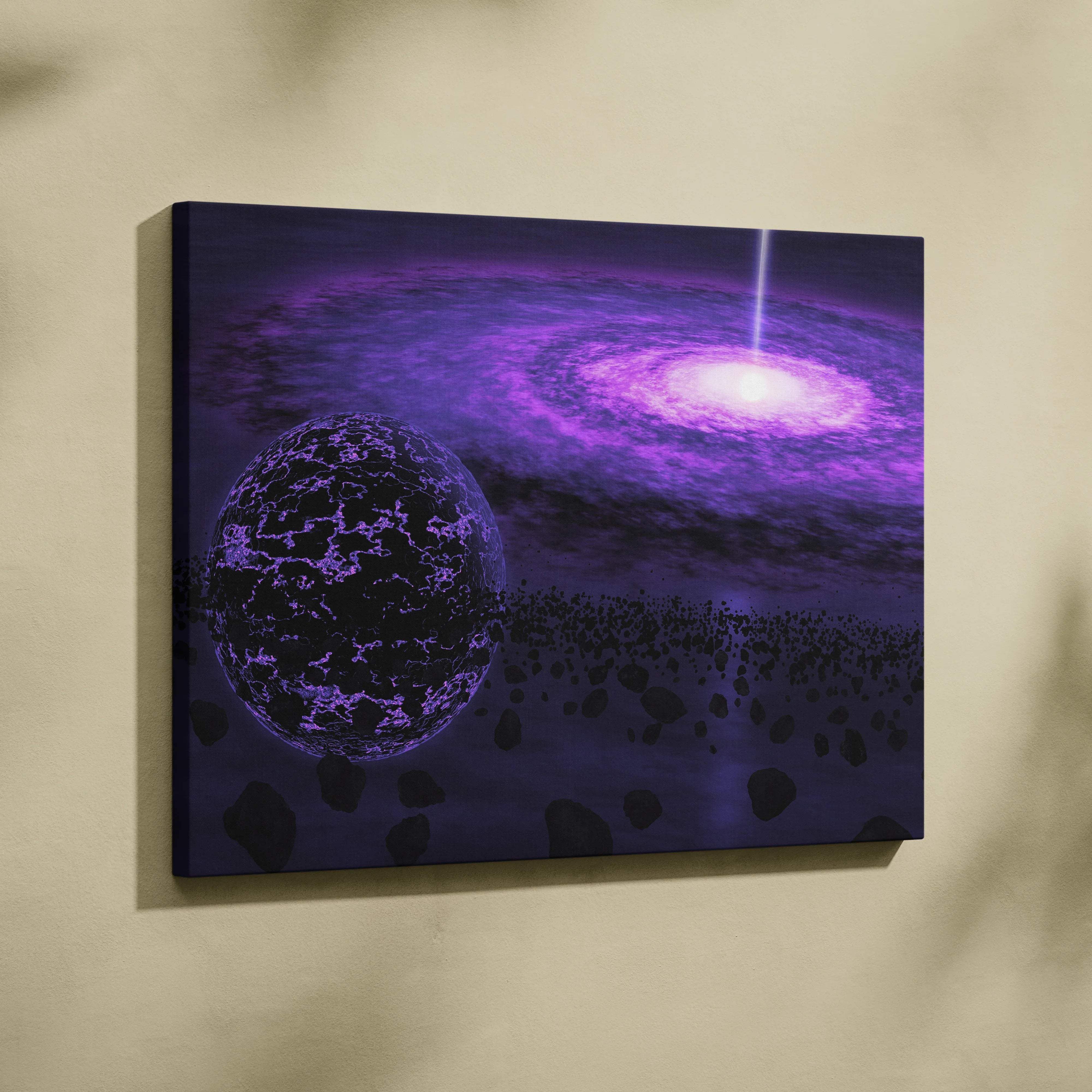 Purple galaxy canvas with glowing black hole, planet in violet black tones