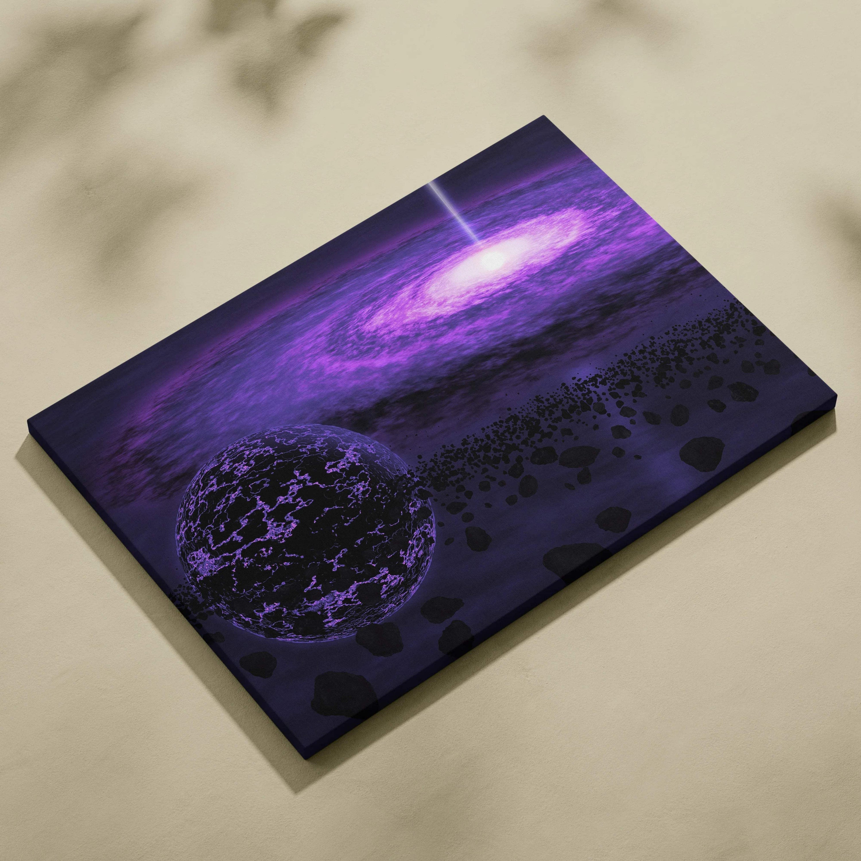 Purple galaxy canvas print with glowing black hole, planet, nebula, asteroids