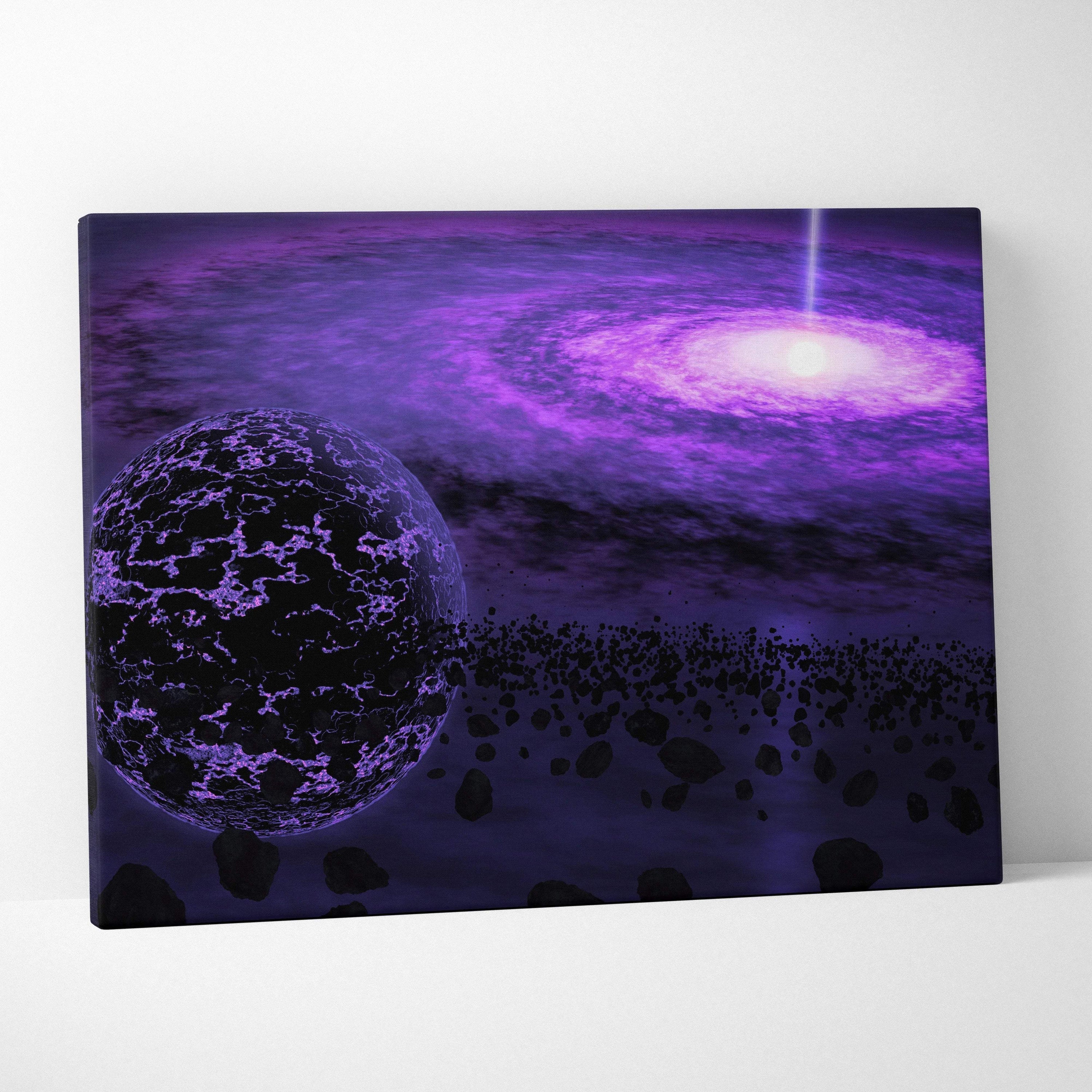Purple galaxy canvas print with glowing spiral nebula and cracked planet