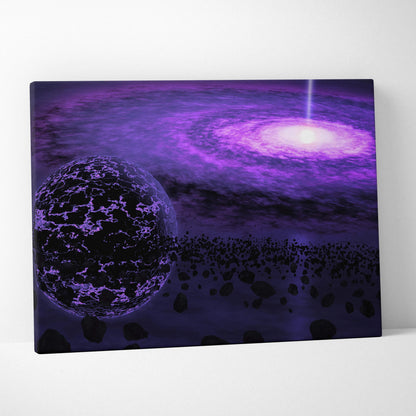 Purple galaxy canvas print with glowing spiral nebula and cracked planet