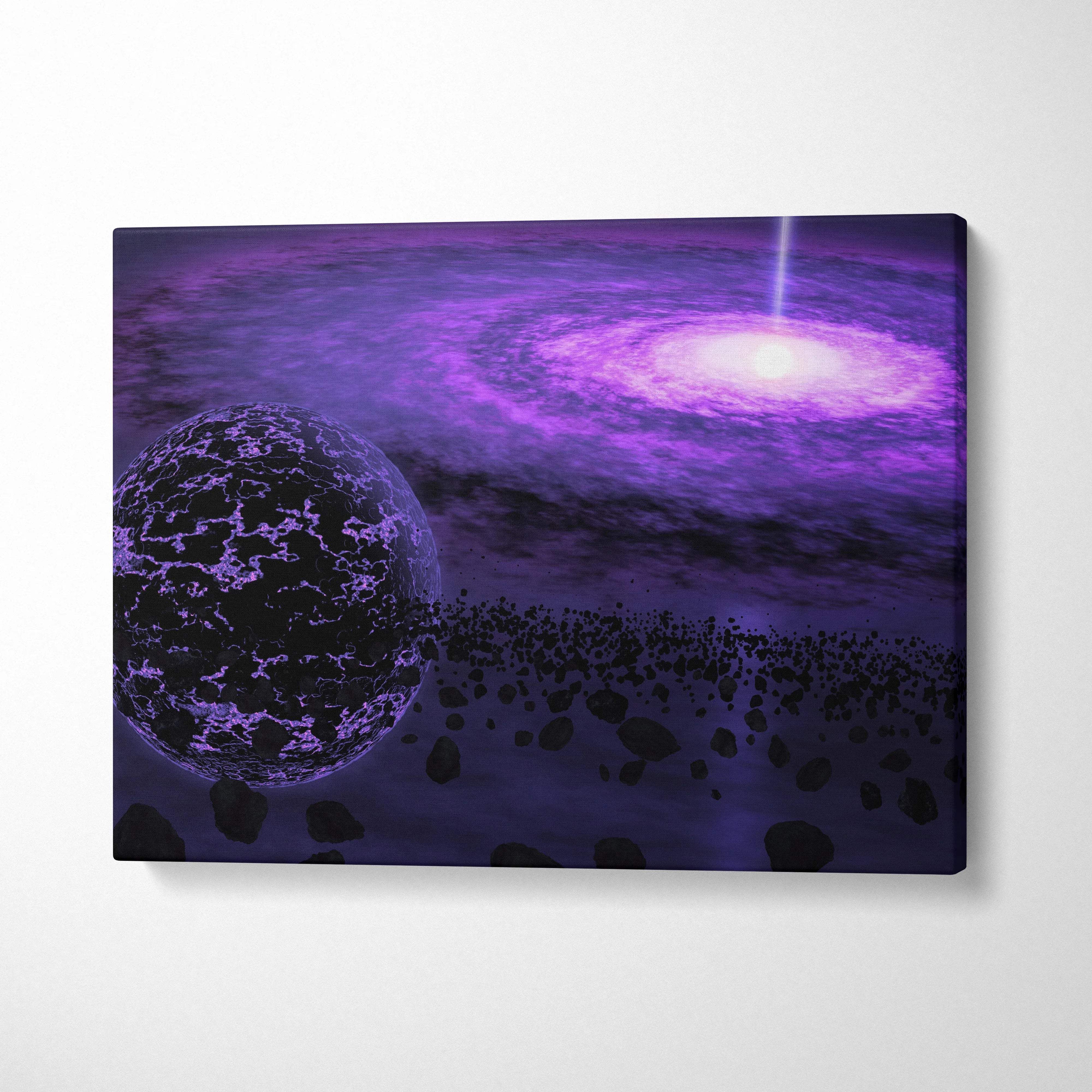 Purple galaxy canvas with glowing black hole, planet, asteroids in violet black tones