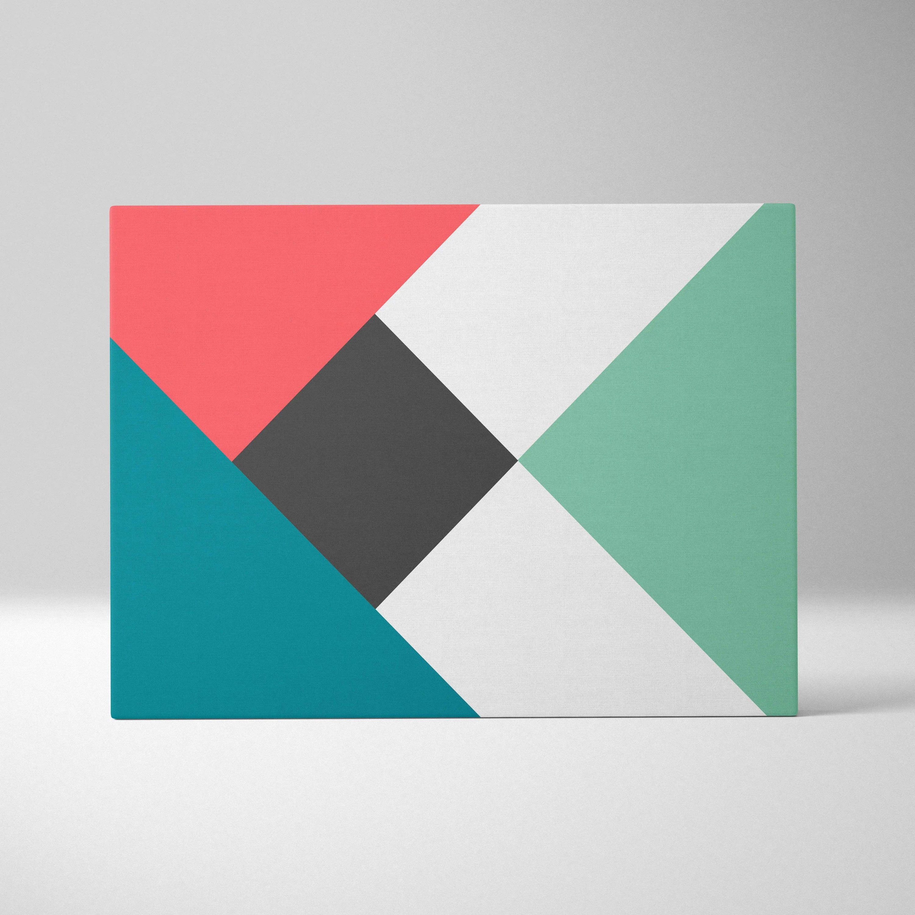 Modern geometric canvas with bold triangles, diamonds in coral, teal, mint, gray, black