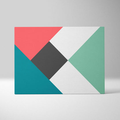 Modern geometric canvas with bold triangles, diamonds in coral, teal, mint, gray, black
