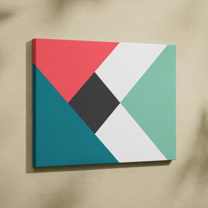 Modern geometric abstract canvas wall art with bold triangles and diamonds in coral, teal, mint, gray, and black