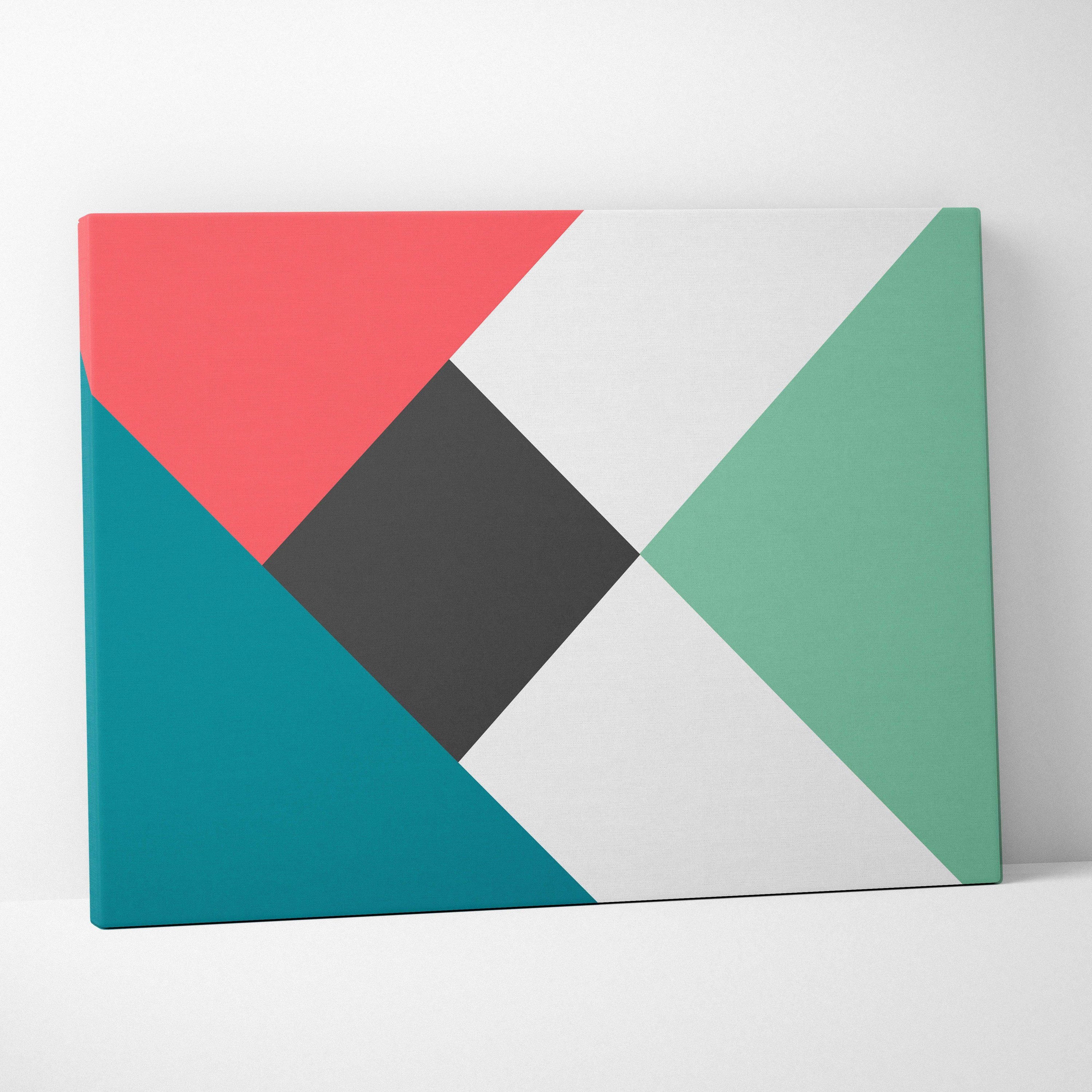Modern geometric canvas art with coral teal mint gray black triangles diamonds
