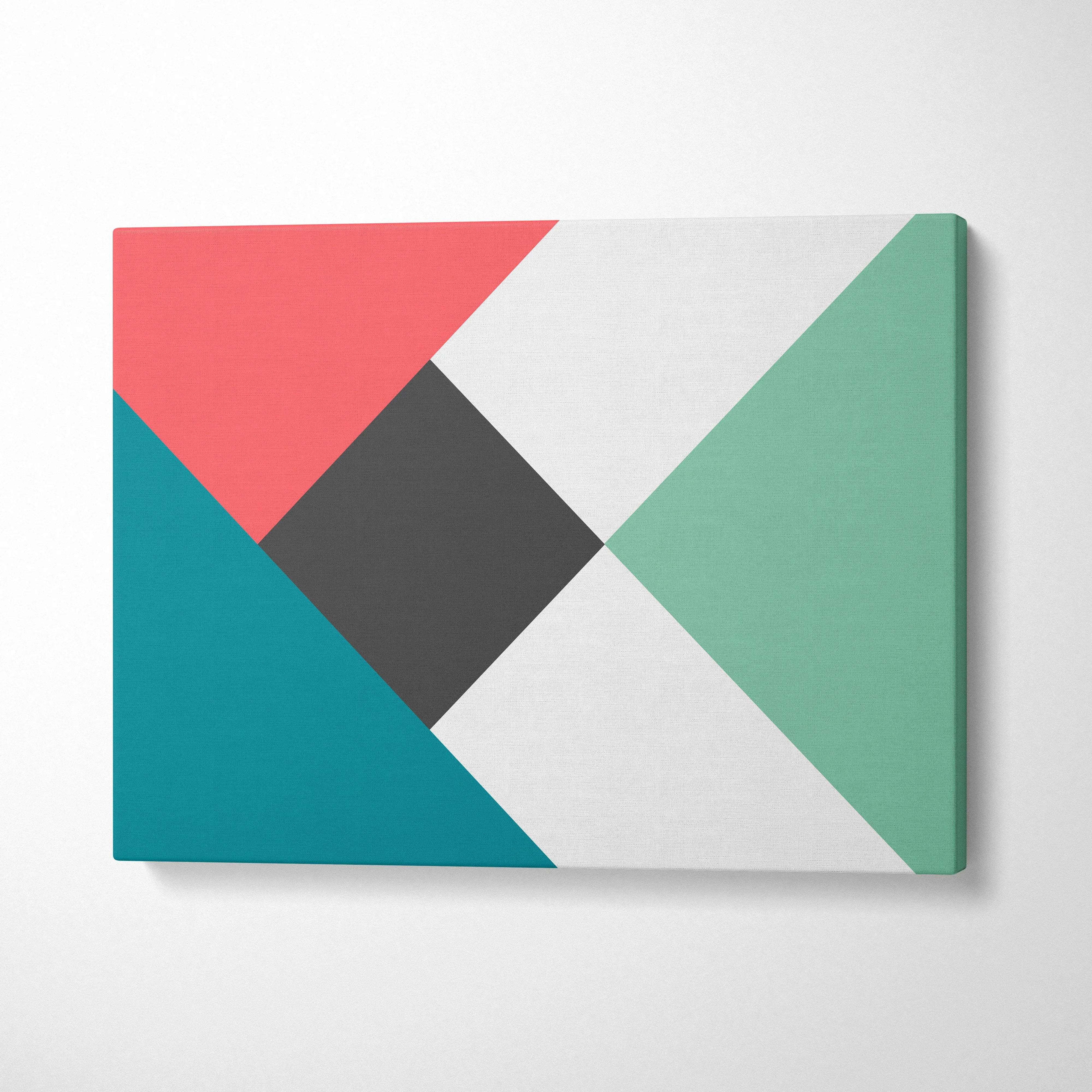 Modern geometric canvas art with bold triangles and diamonds in coral, teal, mint, gray, black