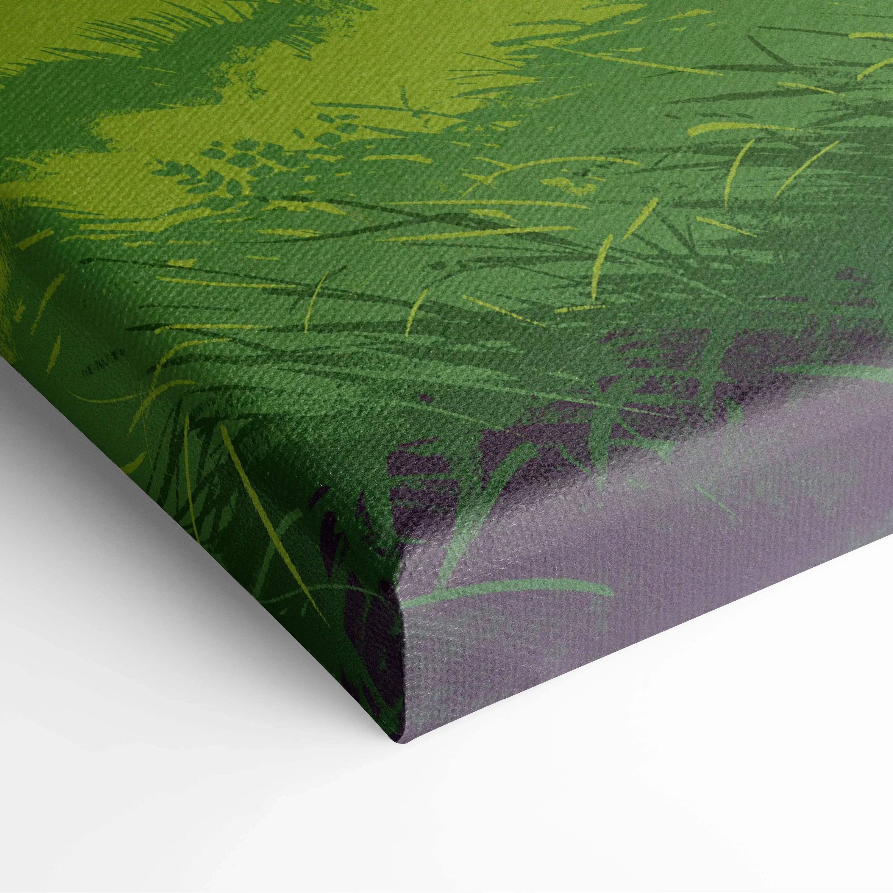 Fantasy countryside landscape canvas print with stylized green purple grass
