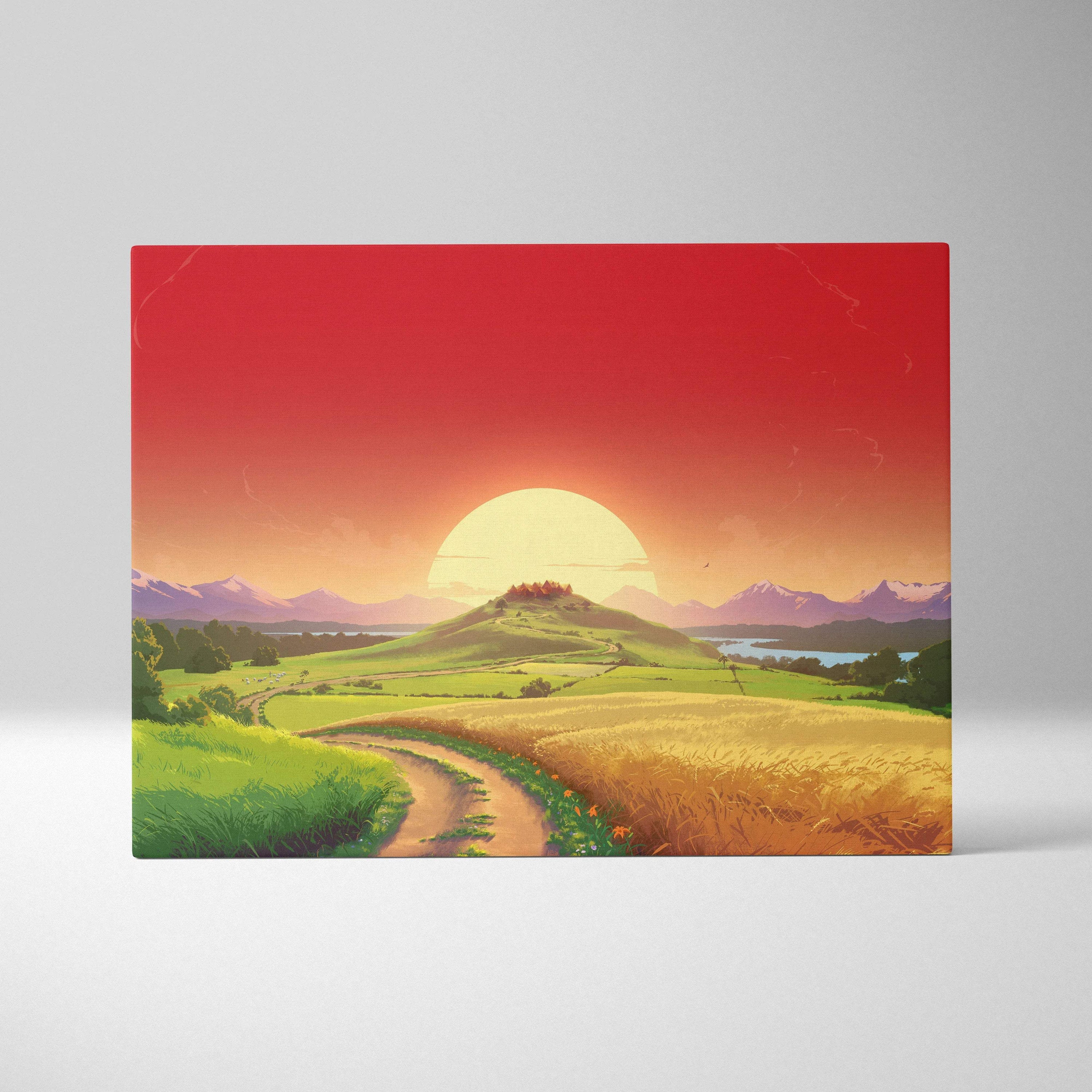 Fantasy countryside canvas print with sunset path to hill village in warm reds greens