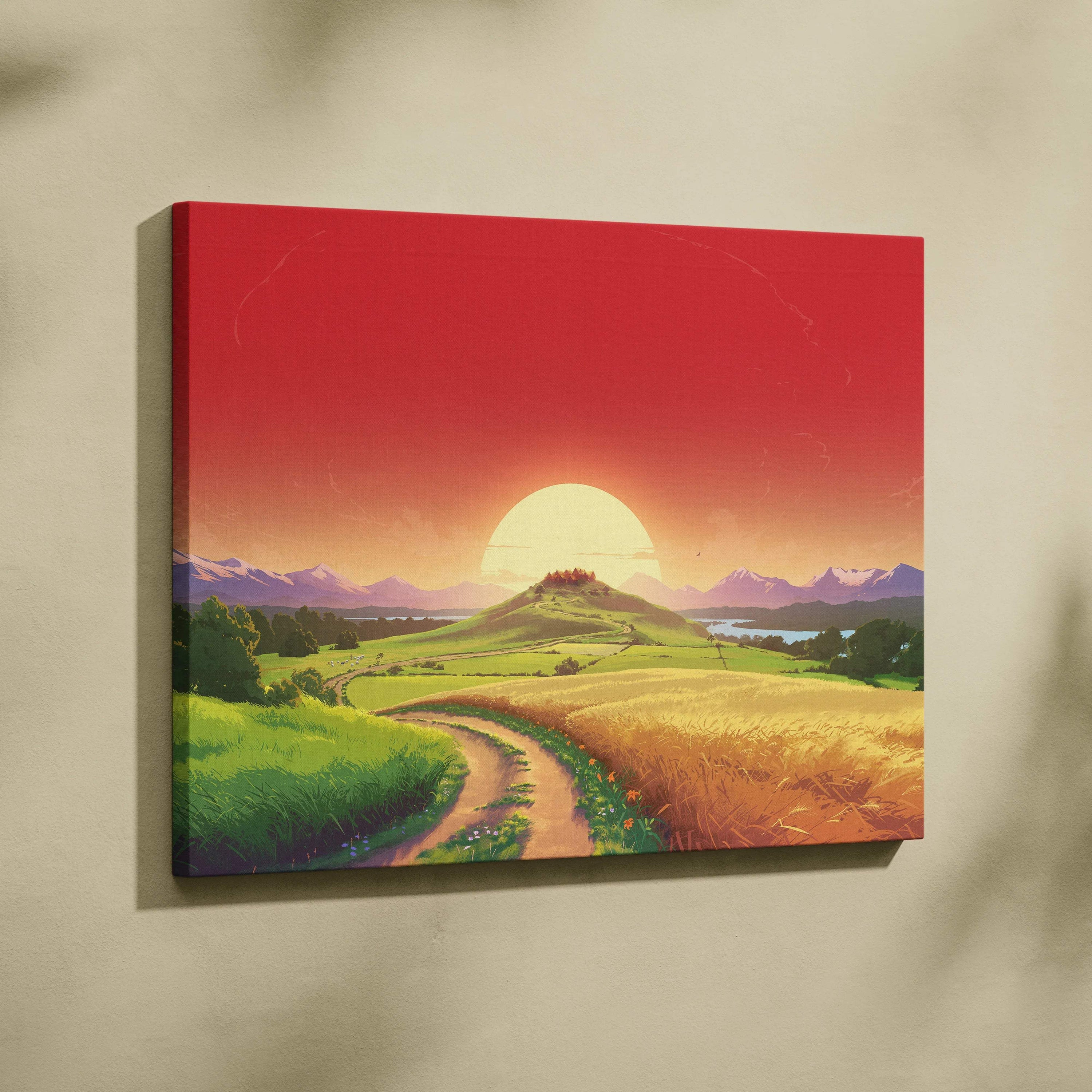 Fantasy countryside canvas art: winding path to hill village at sunset