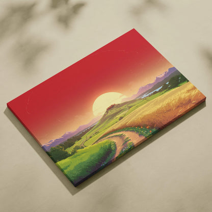 Fantasy countryside landscape canvas art with winding path to hill village at sunset