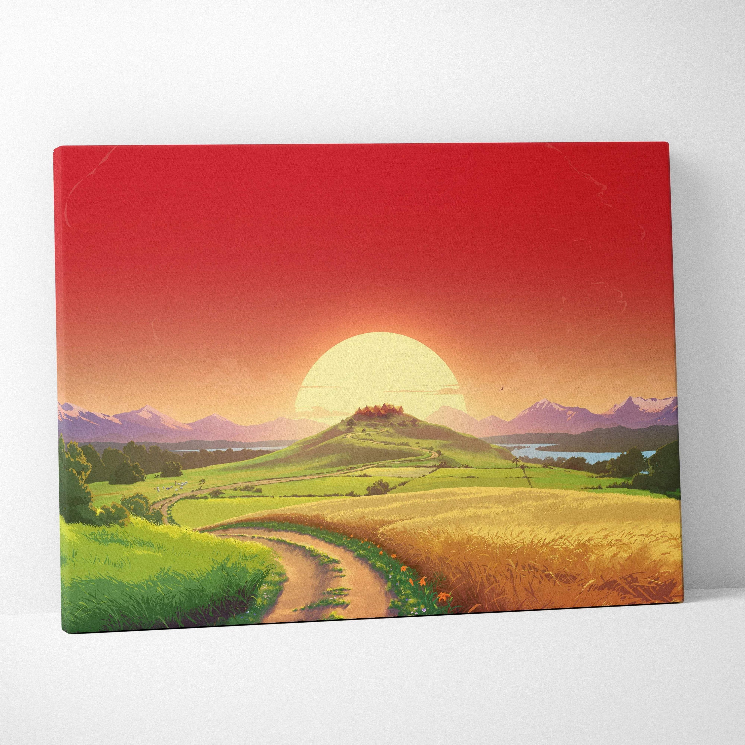 Vibrant sunset canvas art of fantasy countryside with winding path to hill village