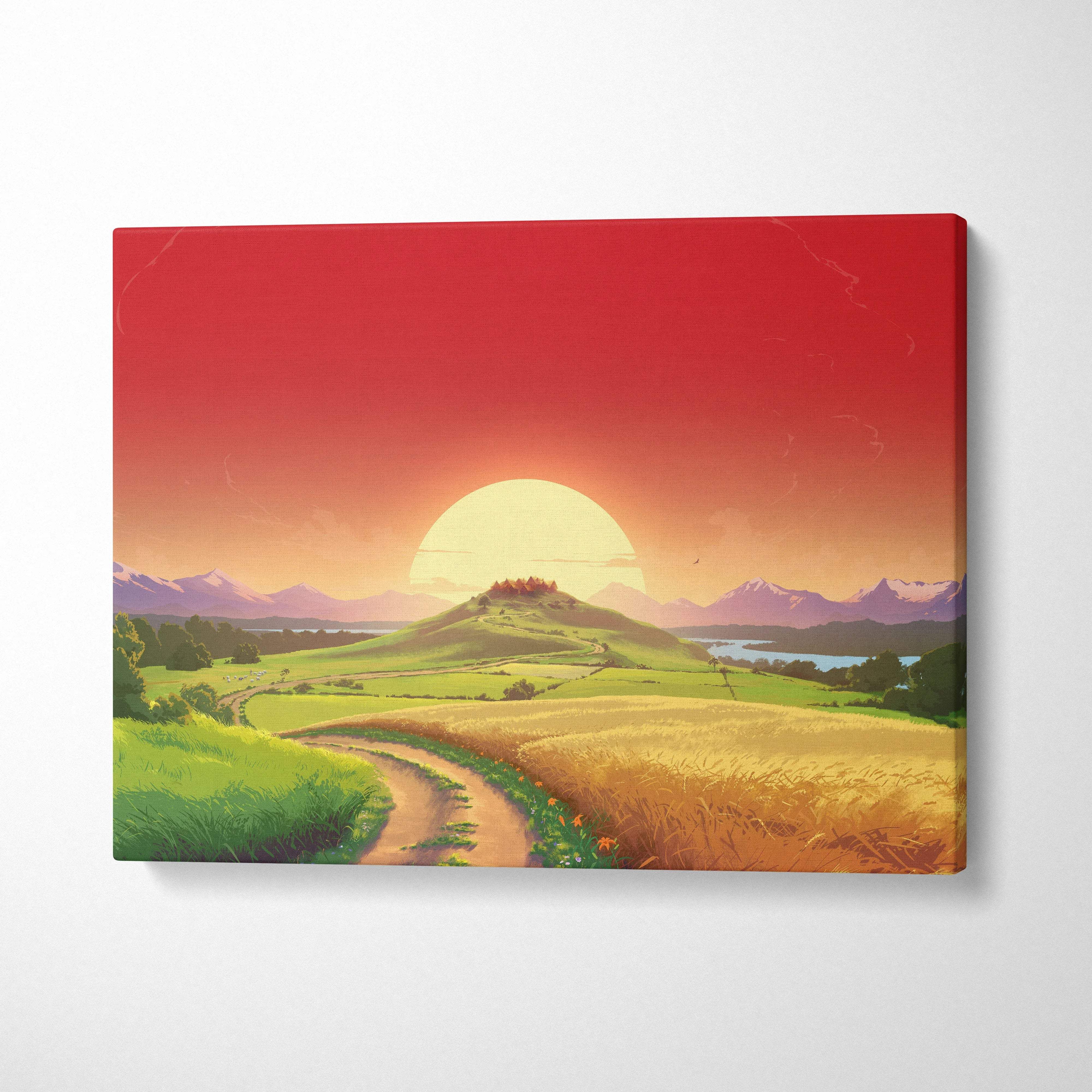 Fantasy countryside canvas art with winding path to hill village at sunset