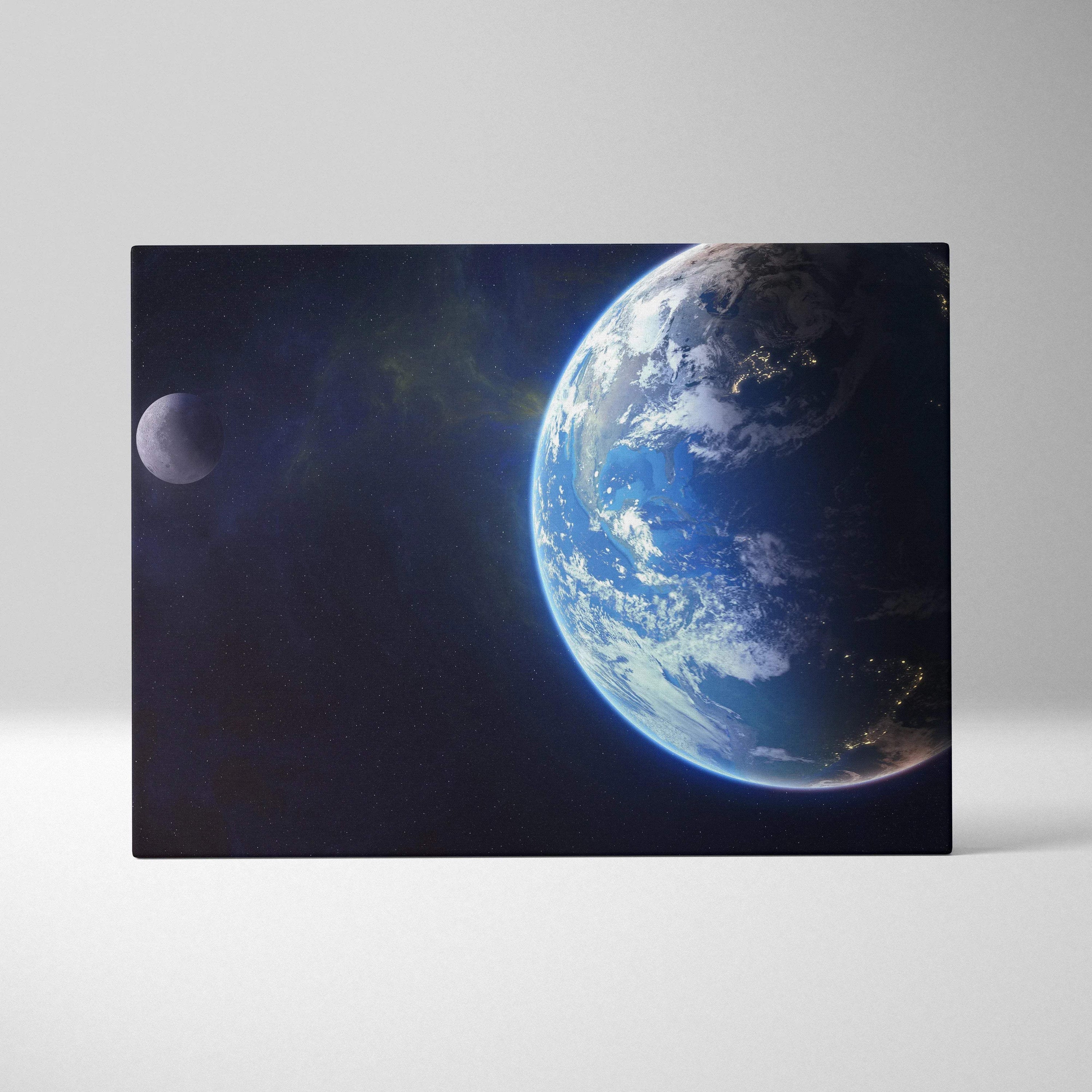 Earth and moon in deep space with glowing city lights on canvas art