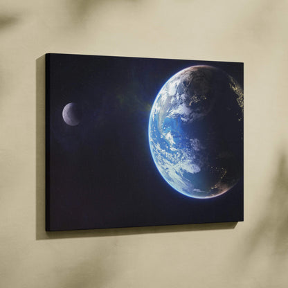 Photorealistic Earth and Moon canvas art with glowing city lights