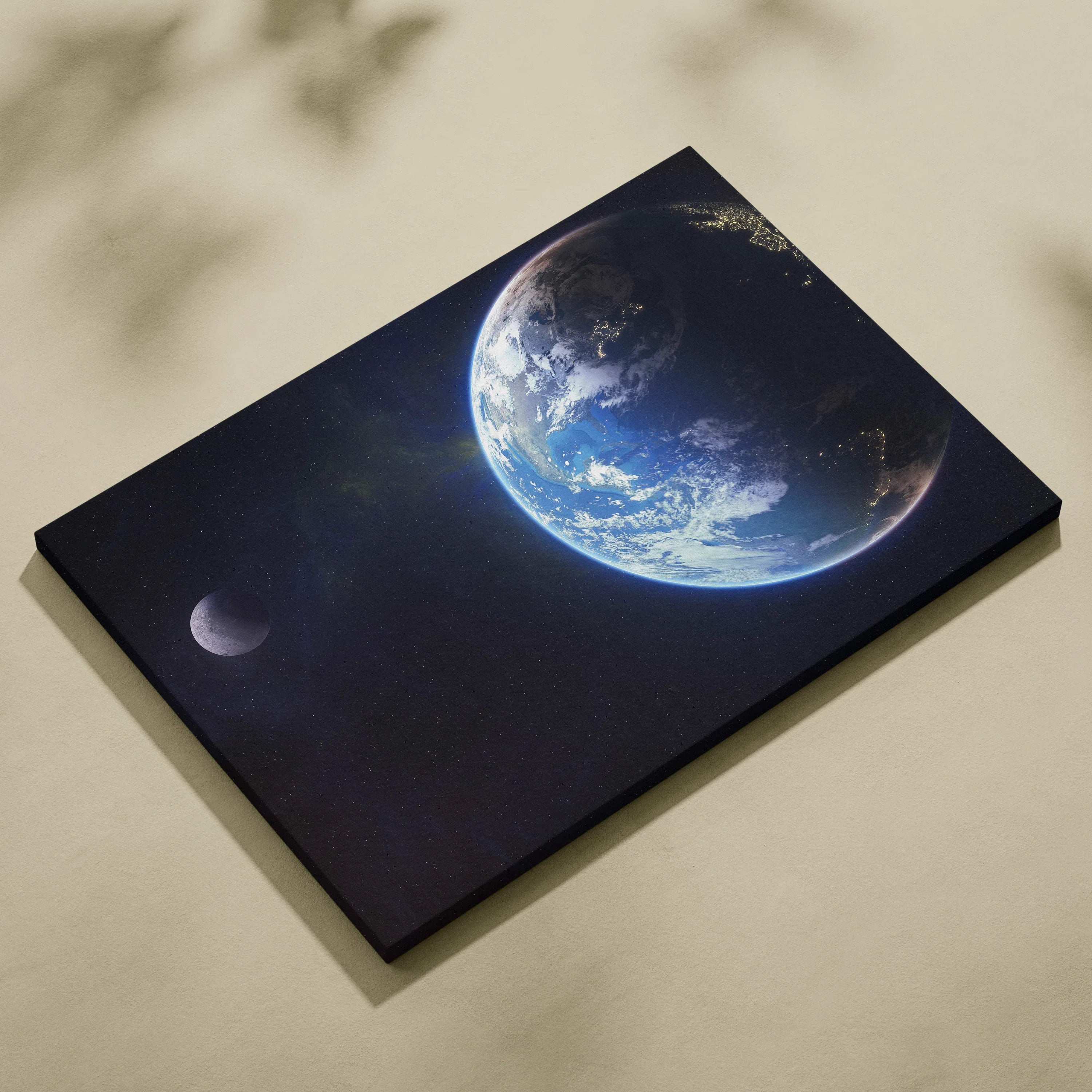Photorealistic Earth with glowing city lights, moon on canvas wall art