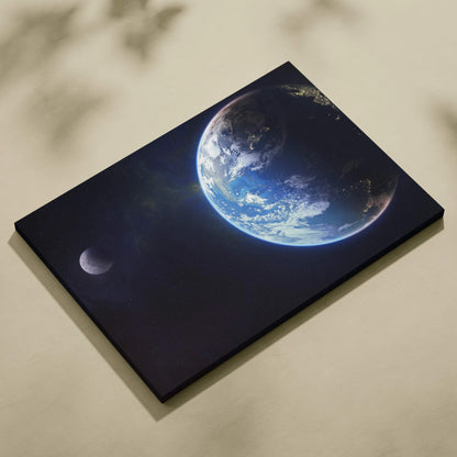 Photorealistic Earth with glowing city lights, moon on canvas wall art
