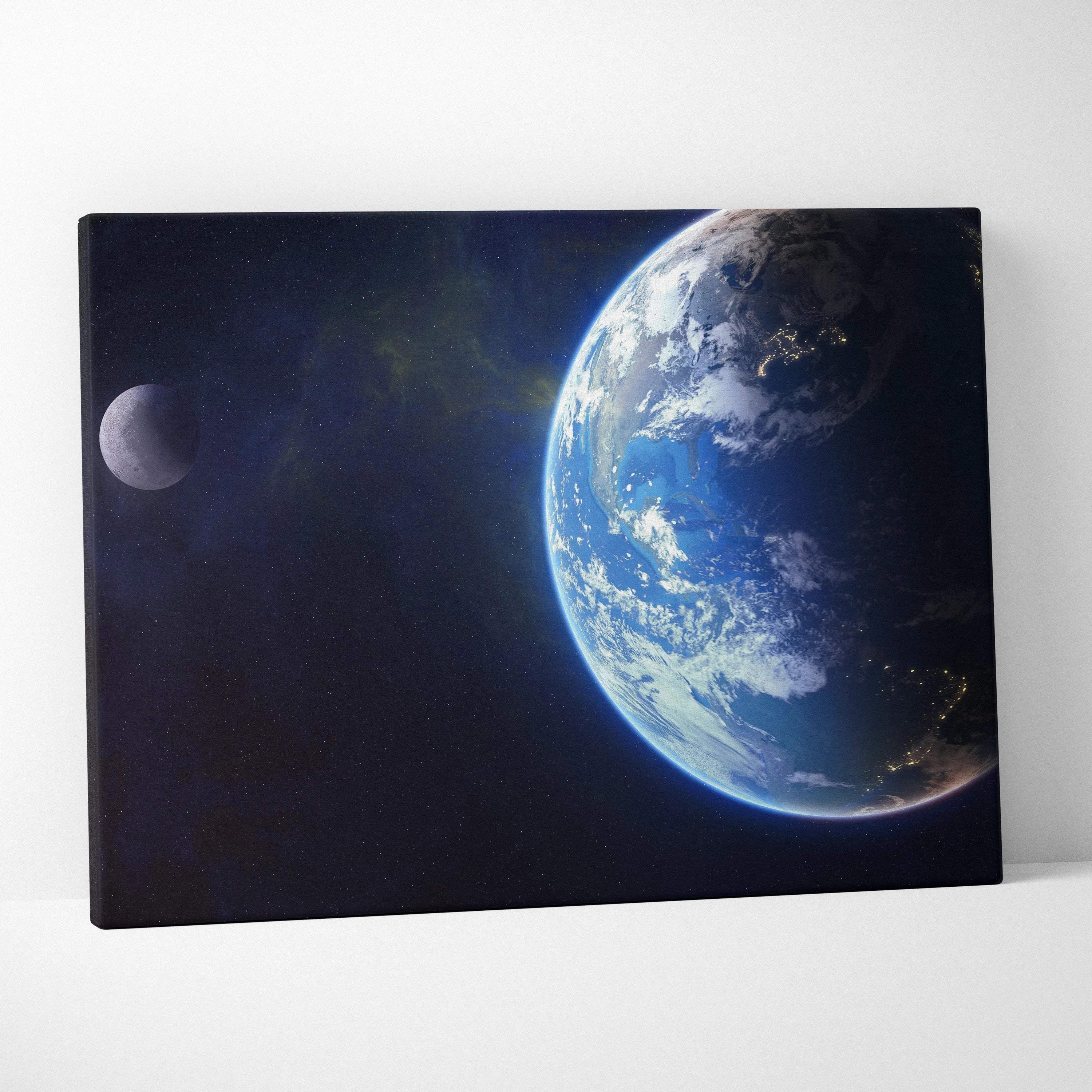 Photorealistic Earth and moon with glowing city lights on canvas art