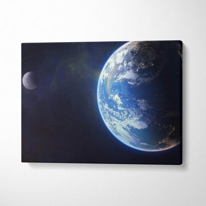 Earth and moon in deep space with glowing city lights on canvas art