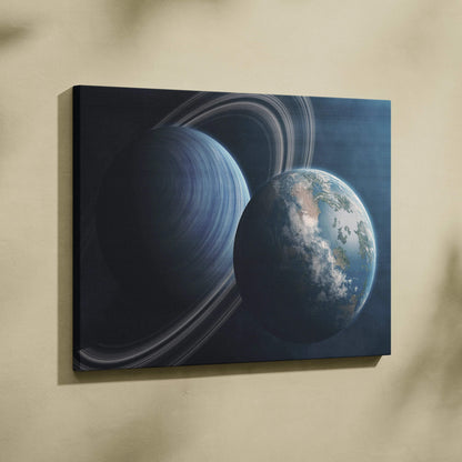 Ringed gas giant Saturn with rings and Earth canvas wall art in deep blues