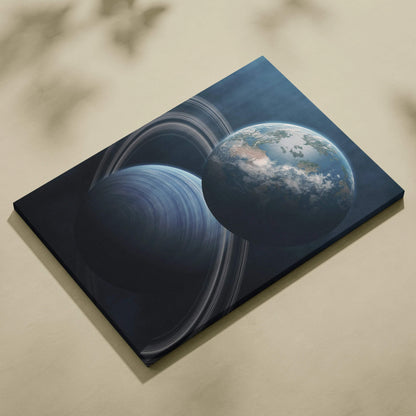 Ringed gas giant Saturn beside Earth-like planet canvas wall art in deep blues and grays