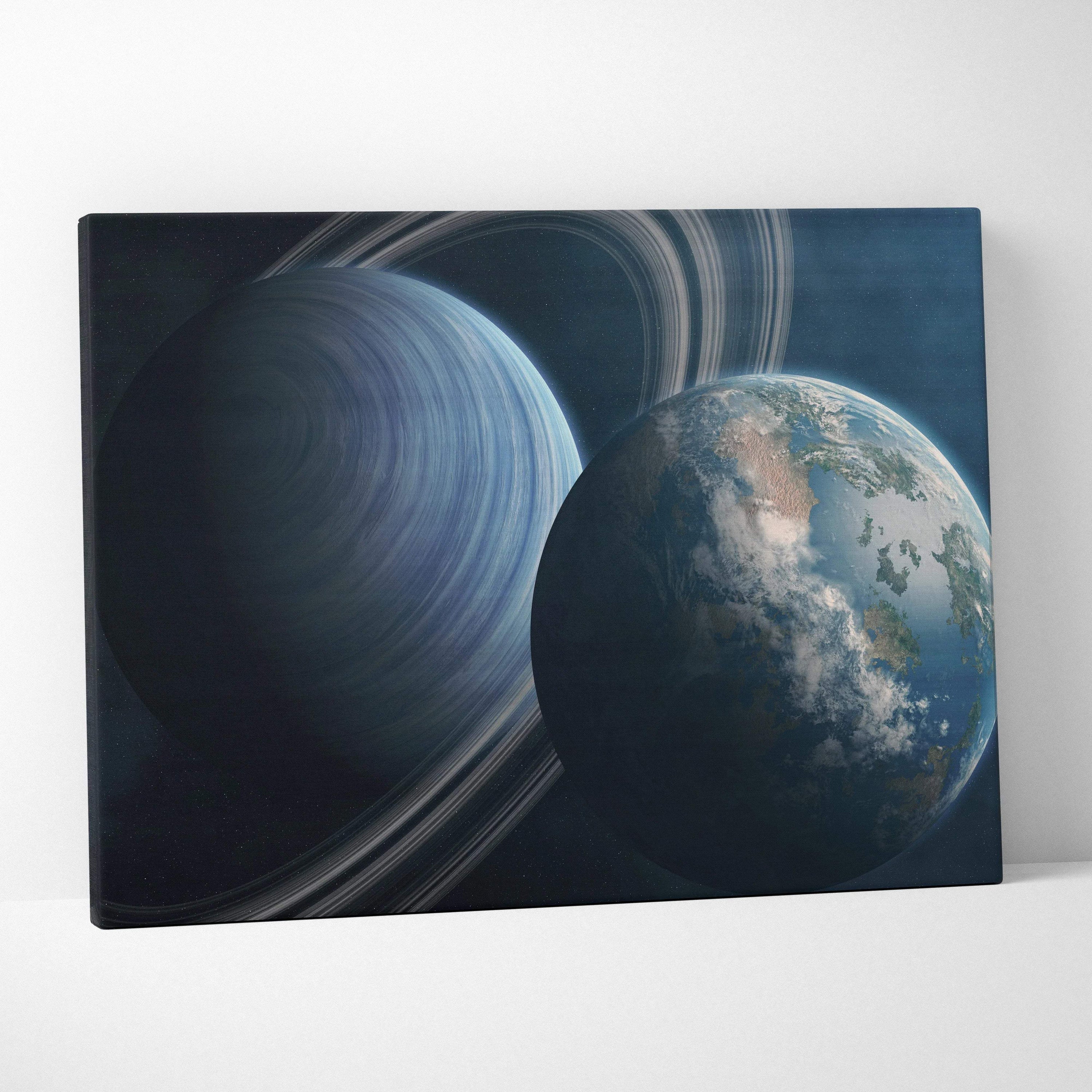 Canvas print of Saturn and Earth in deep blues, grays on dark space backdrop