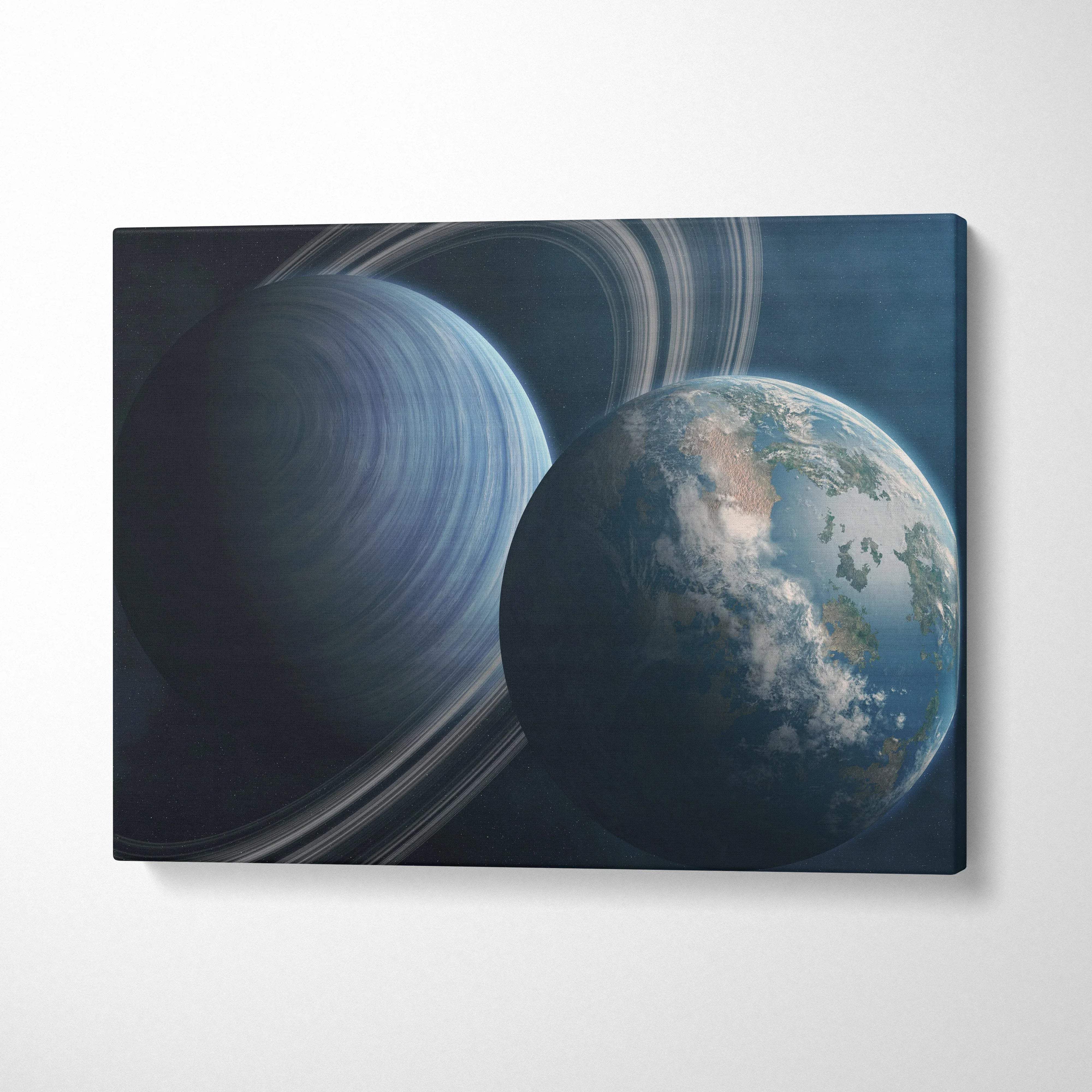 Ringed Saturn with Earth canvas wall art in deep blues and grays