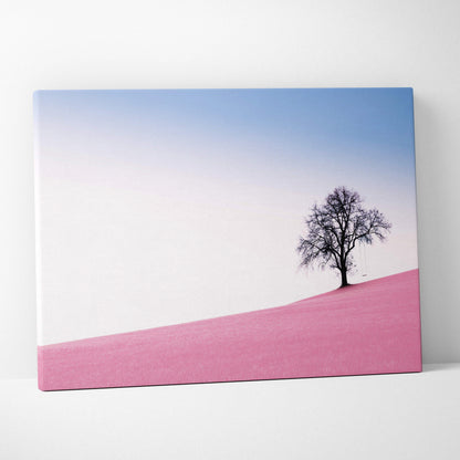 Minimalist canvas print of solitary tree on pink hill pastel landscape