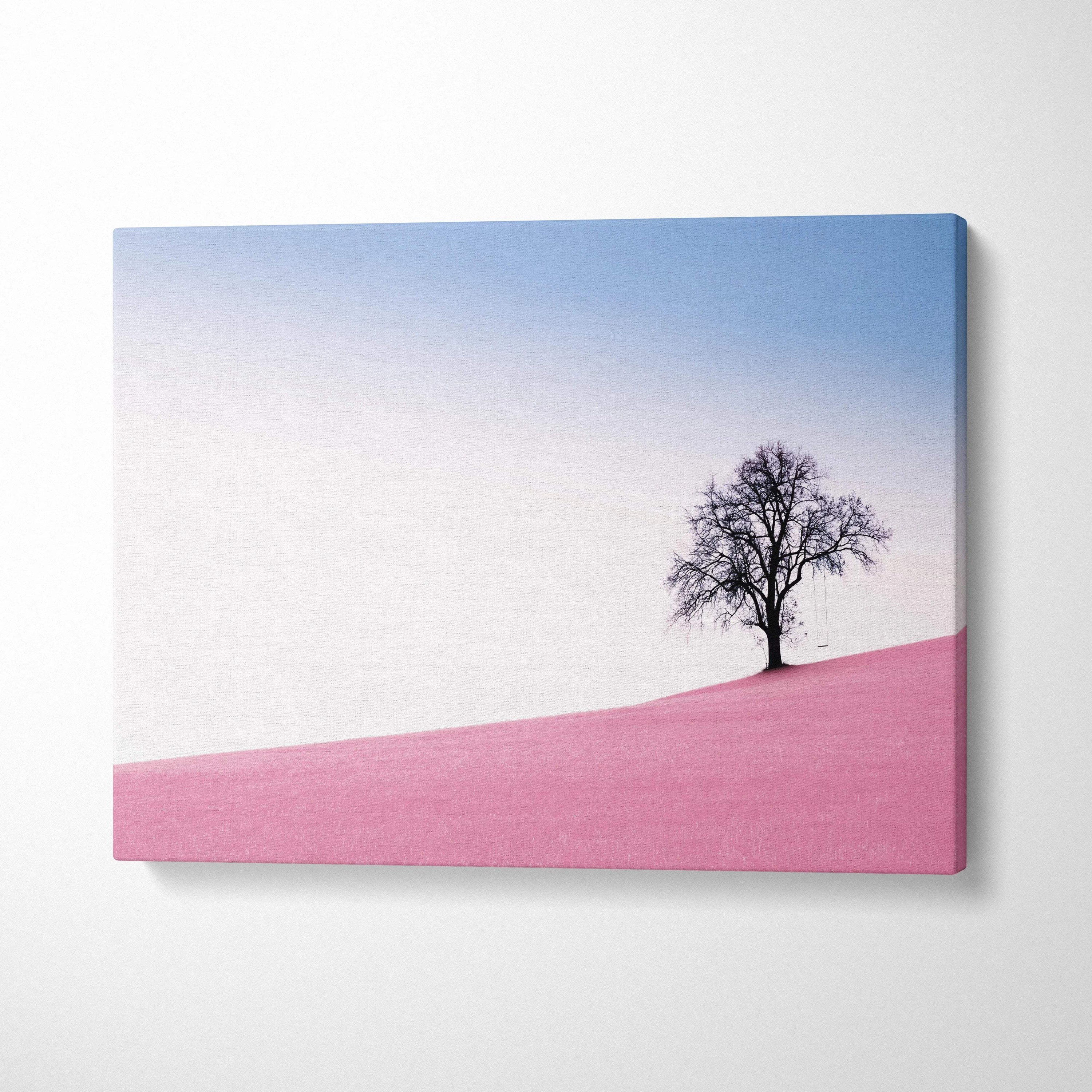 Minimalist canvas print of solitary tree on pink hill swing pastel landscape
