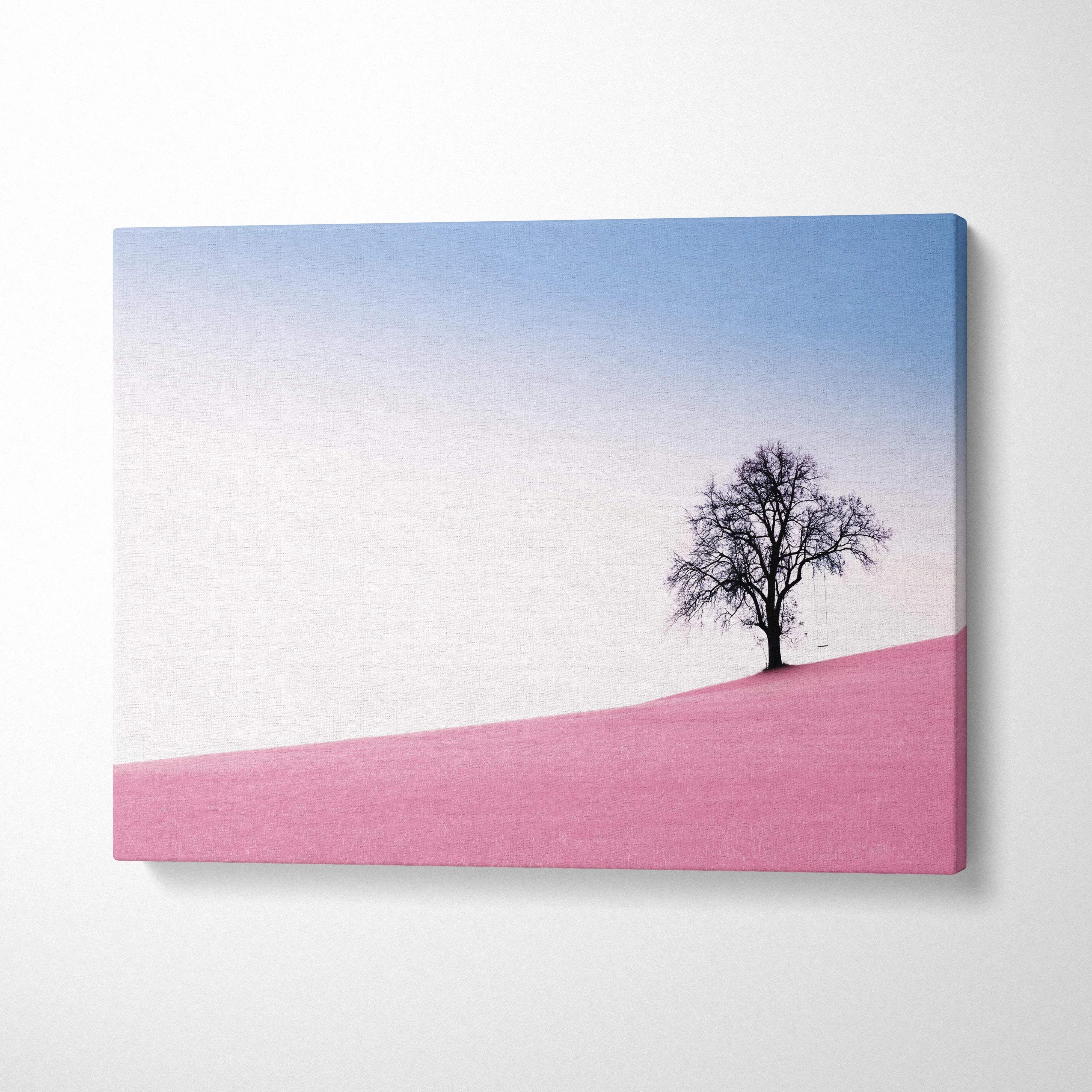 Minimalist canvas print of solitary tree on pink hill swing pastel landscape