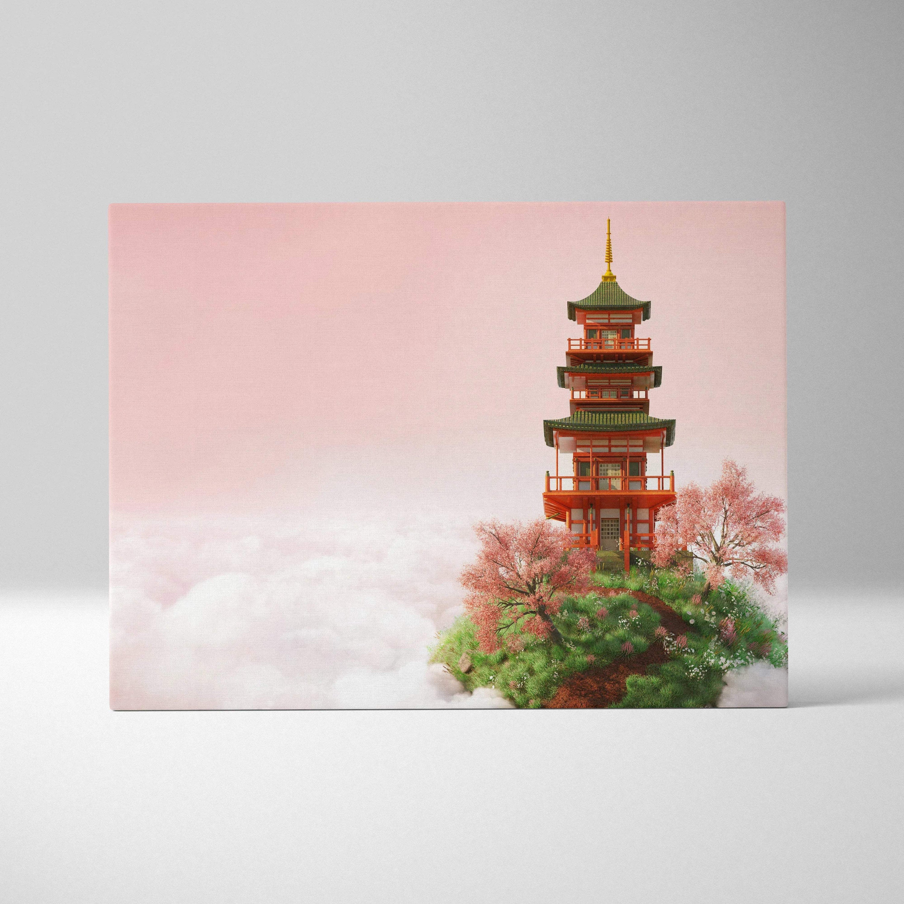 Serene Japanese pagoda on floating island canvas art in pink green red tones