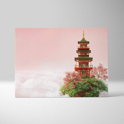 Serene Japanese pagoda on floating island canvas art in pink green red tones
