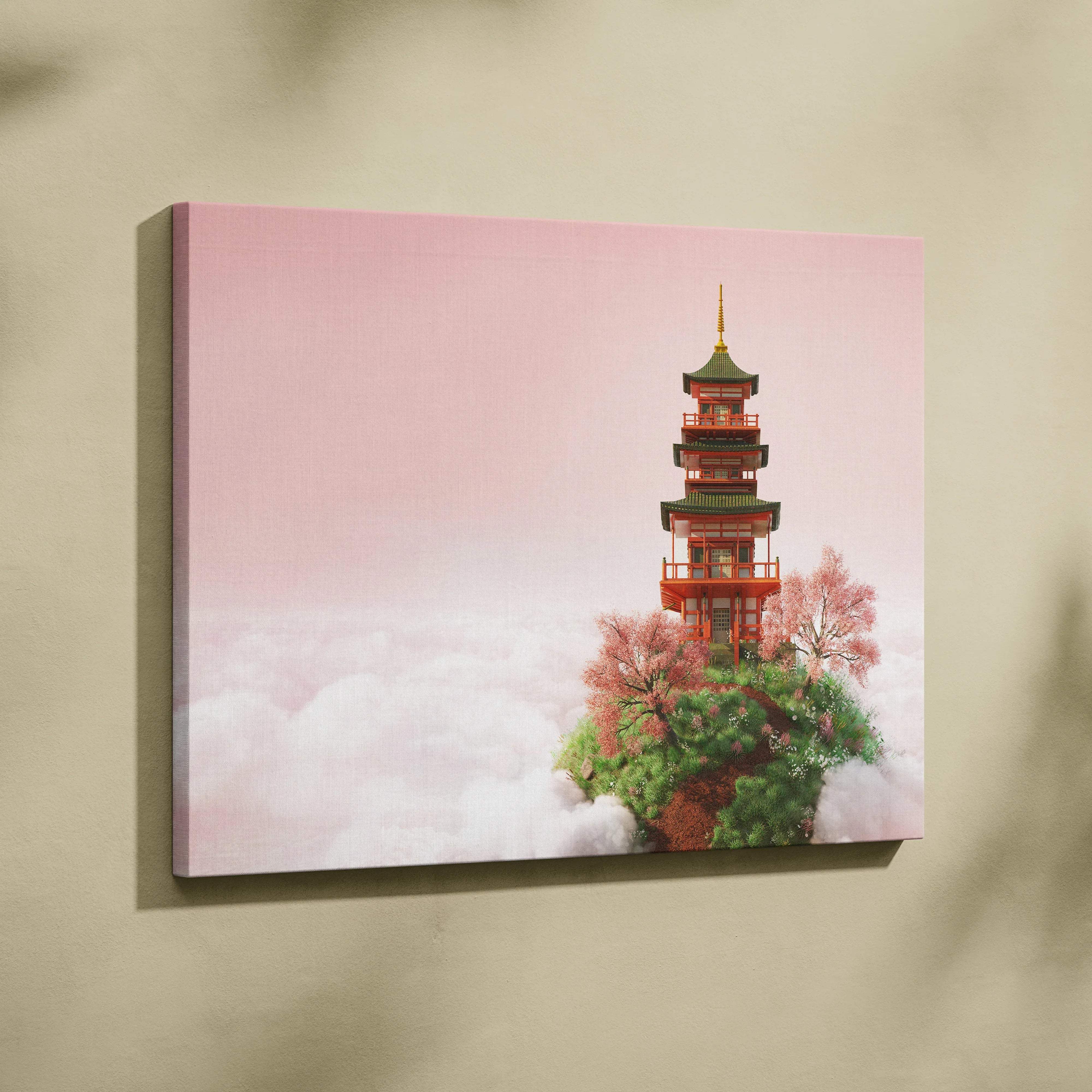 Serene Japanese pagoda on floating island canvas art in pink green red tones