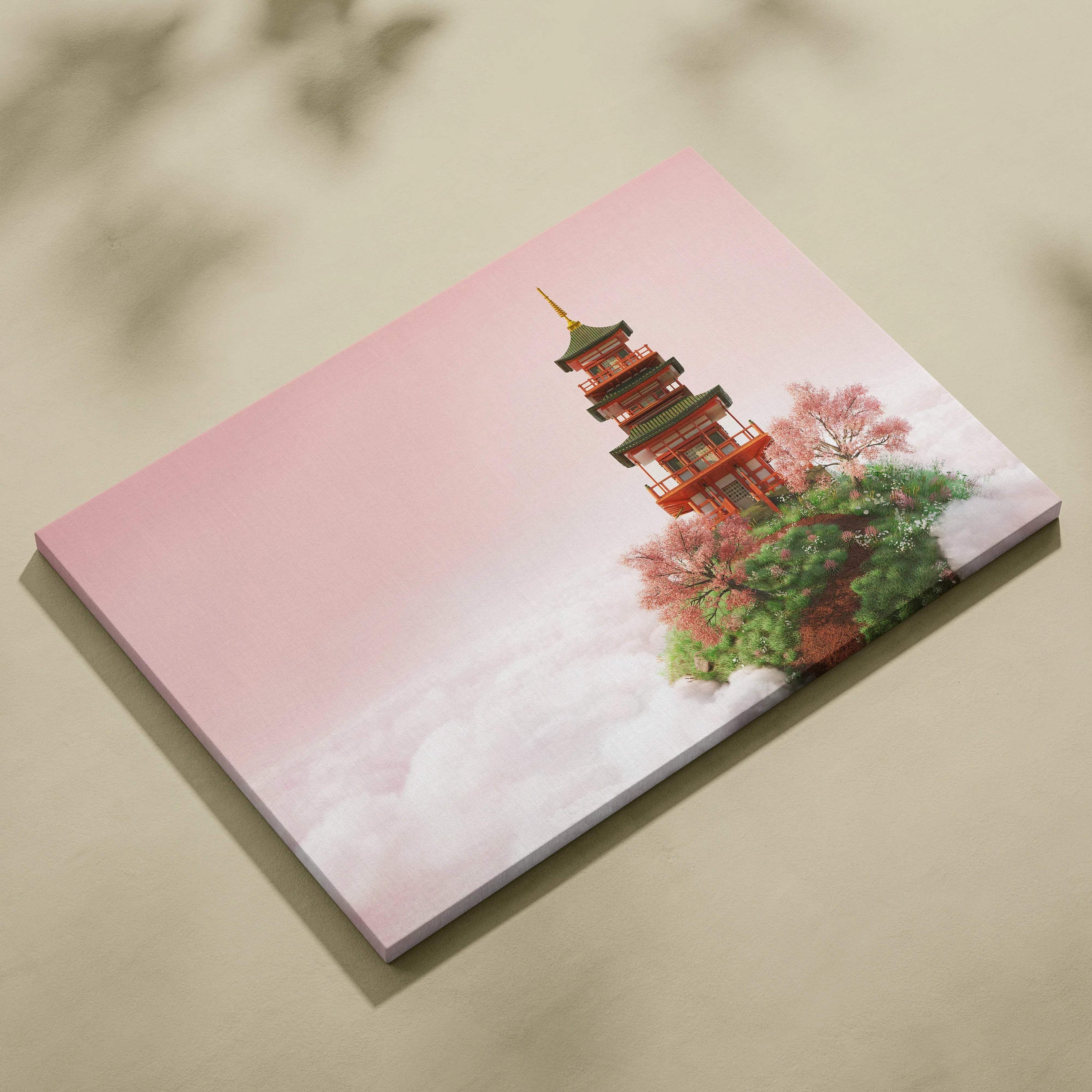 Serene Japanese pagoda on floating island canvas art in pink green red tones