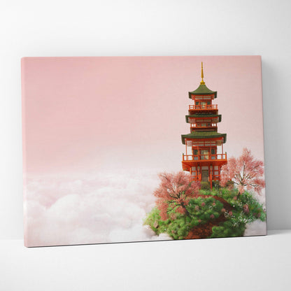 Serene Japanese pagoda on floating island canvas art in pink, green, red tones