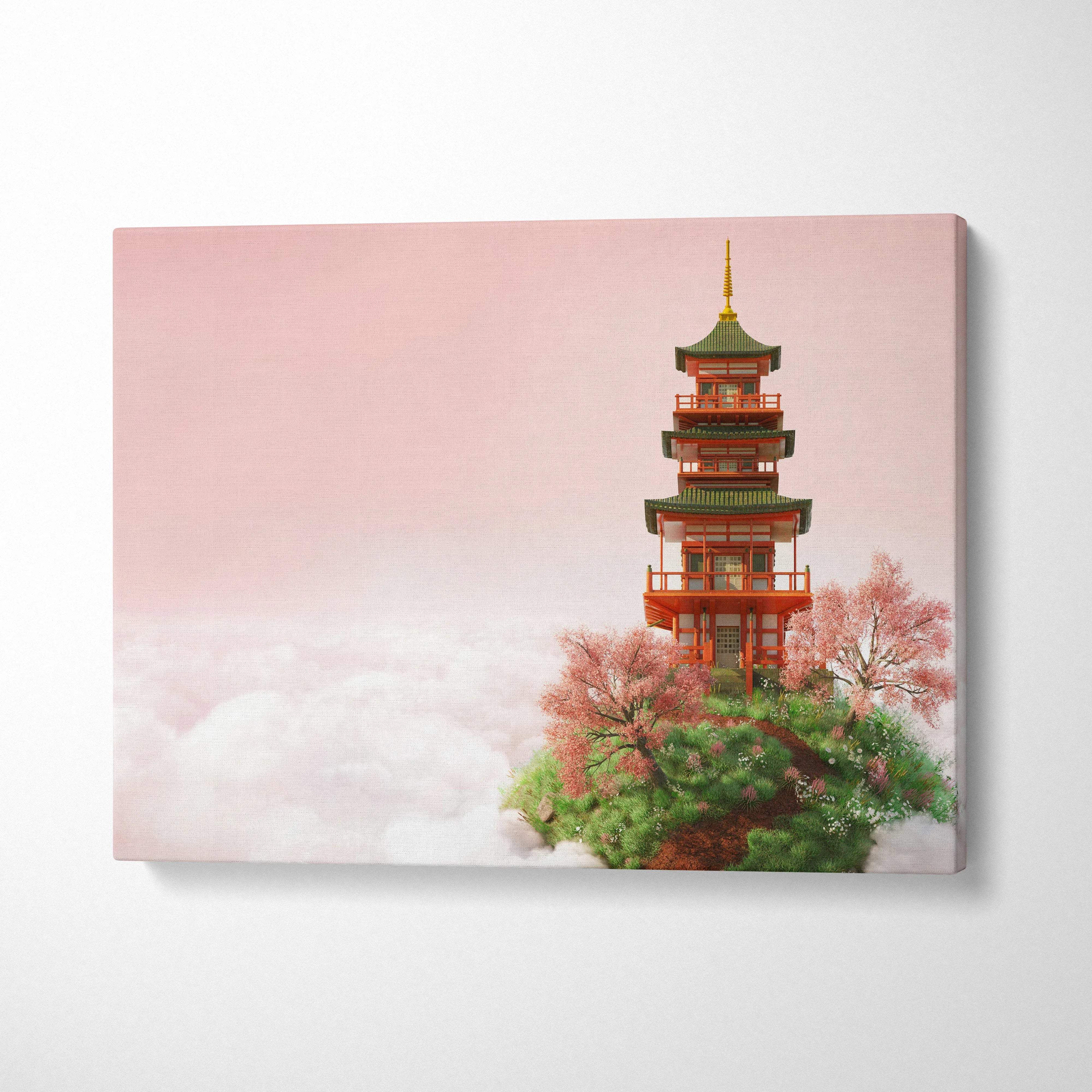 Serene Japanese pagoda on floating island canvas art in pink, green, red tones
