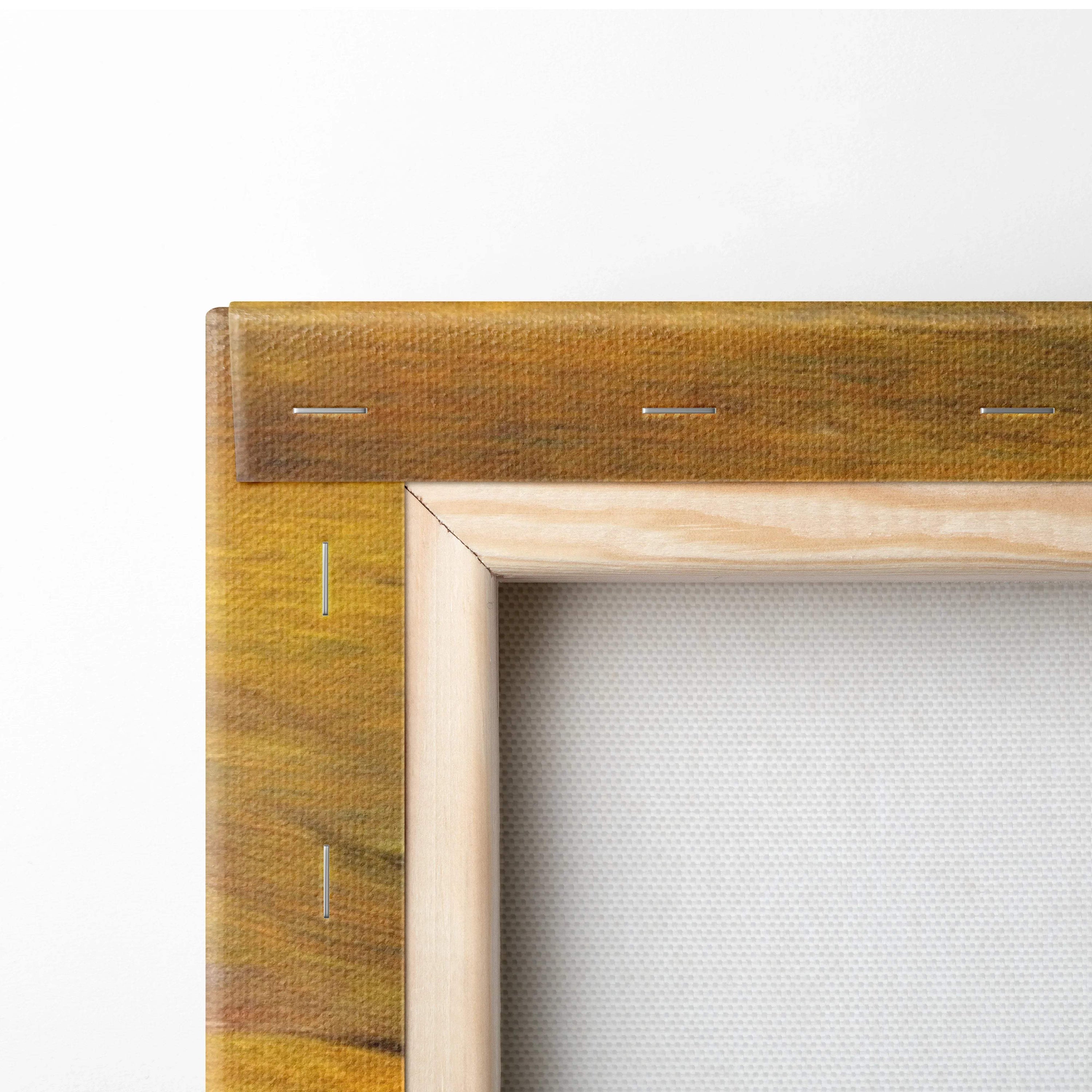 Back of moody golden sunset swamp canvas art on natural wood frame with stitching