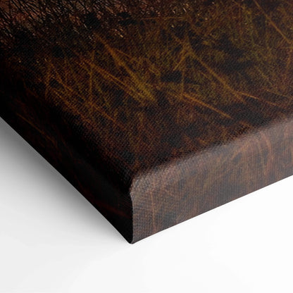 Dark brown textured distressed canvas print of moody golden sunset swamp with birds