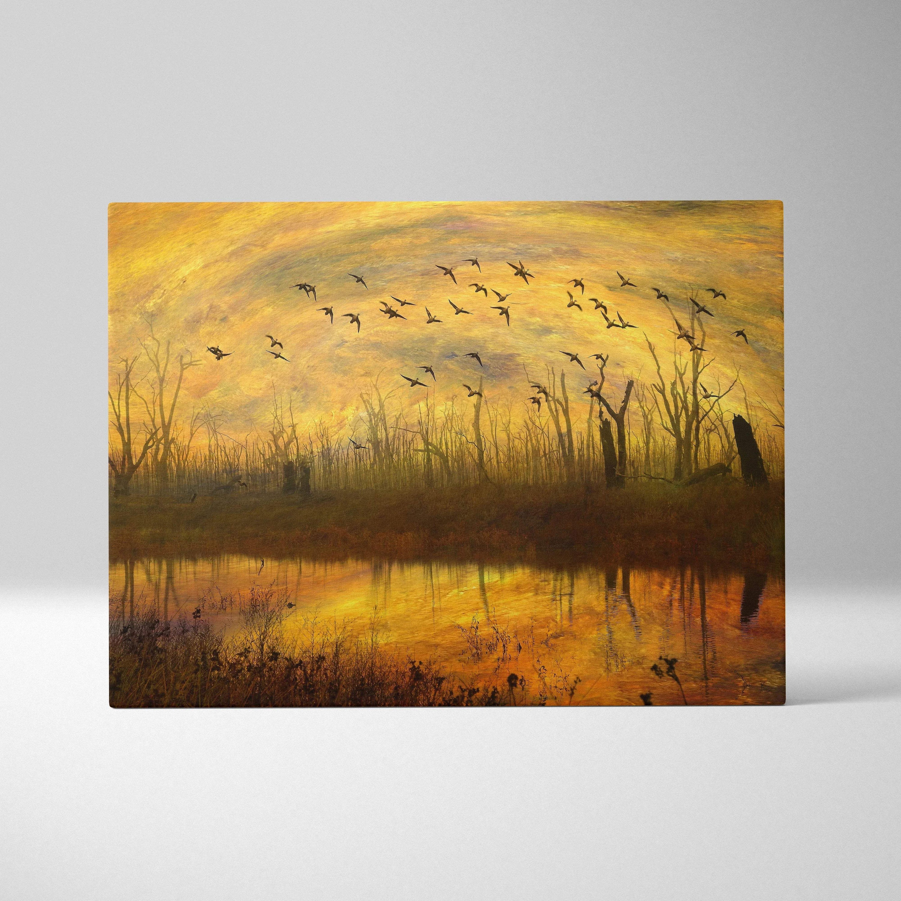 Moody golden sunset over misty swamp with birds, canvas wall art
