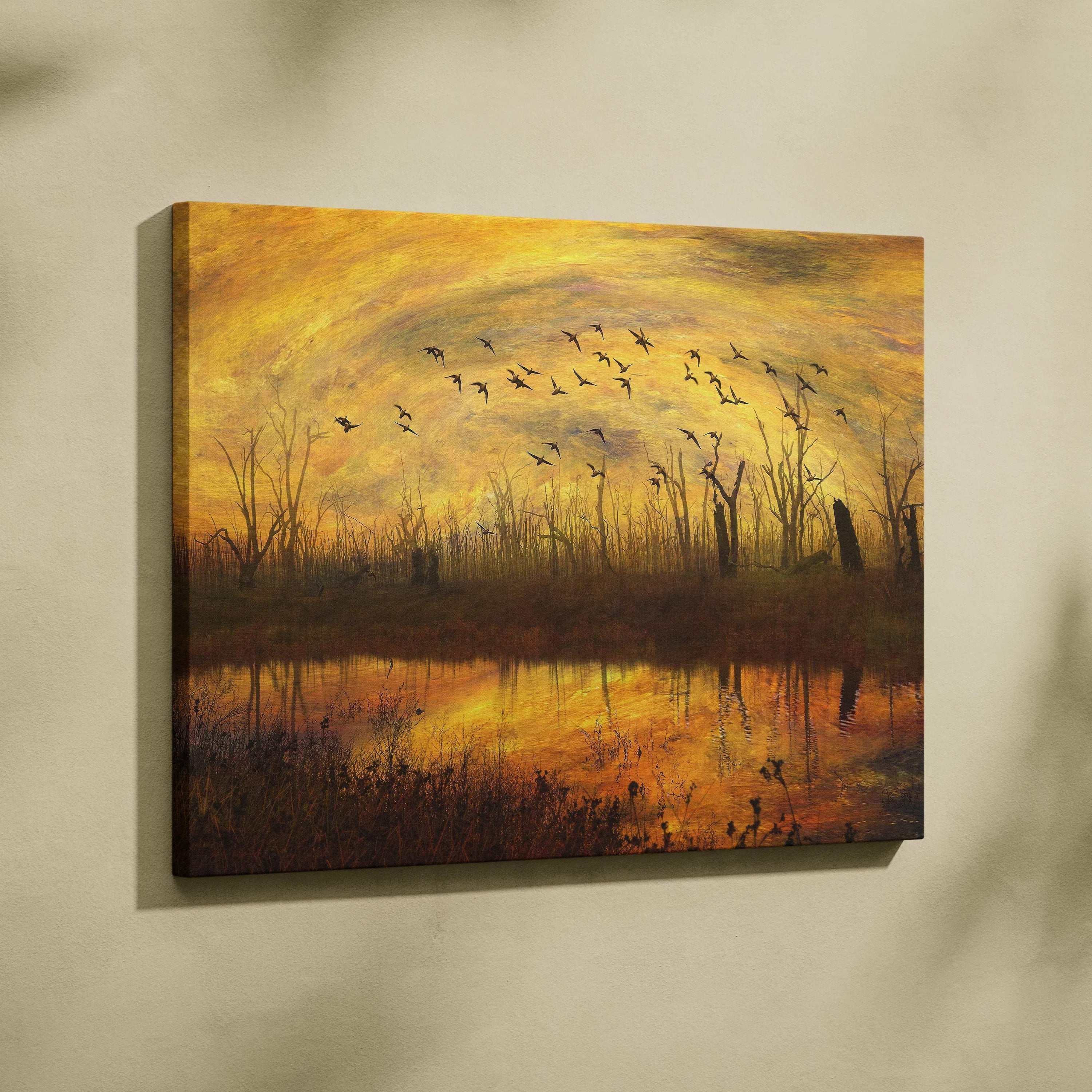 Moody golden sunset over misty swamp with birds canvas art
