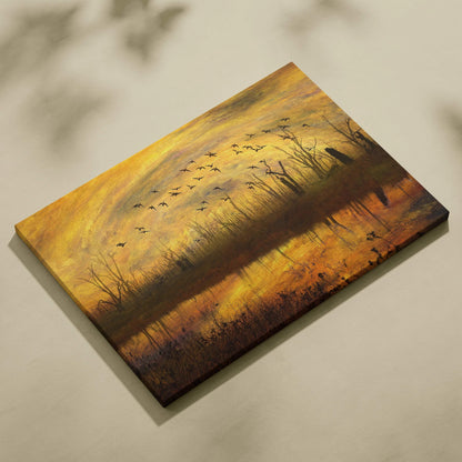 Moody golden sunset canvas art with birds over misty swamp