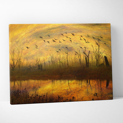 Moody golden sunset canvas with birds over misty swamp in amber tones