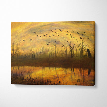 Moody golden sunset over misty swamp with birds canvas wall art