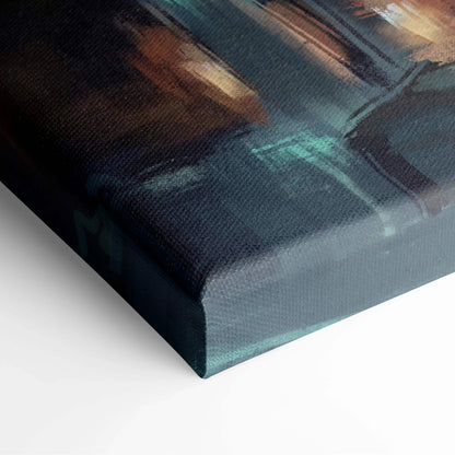 Moody gothic cityscape canvas art in teal, black, brown tones