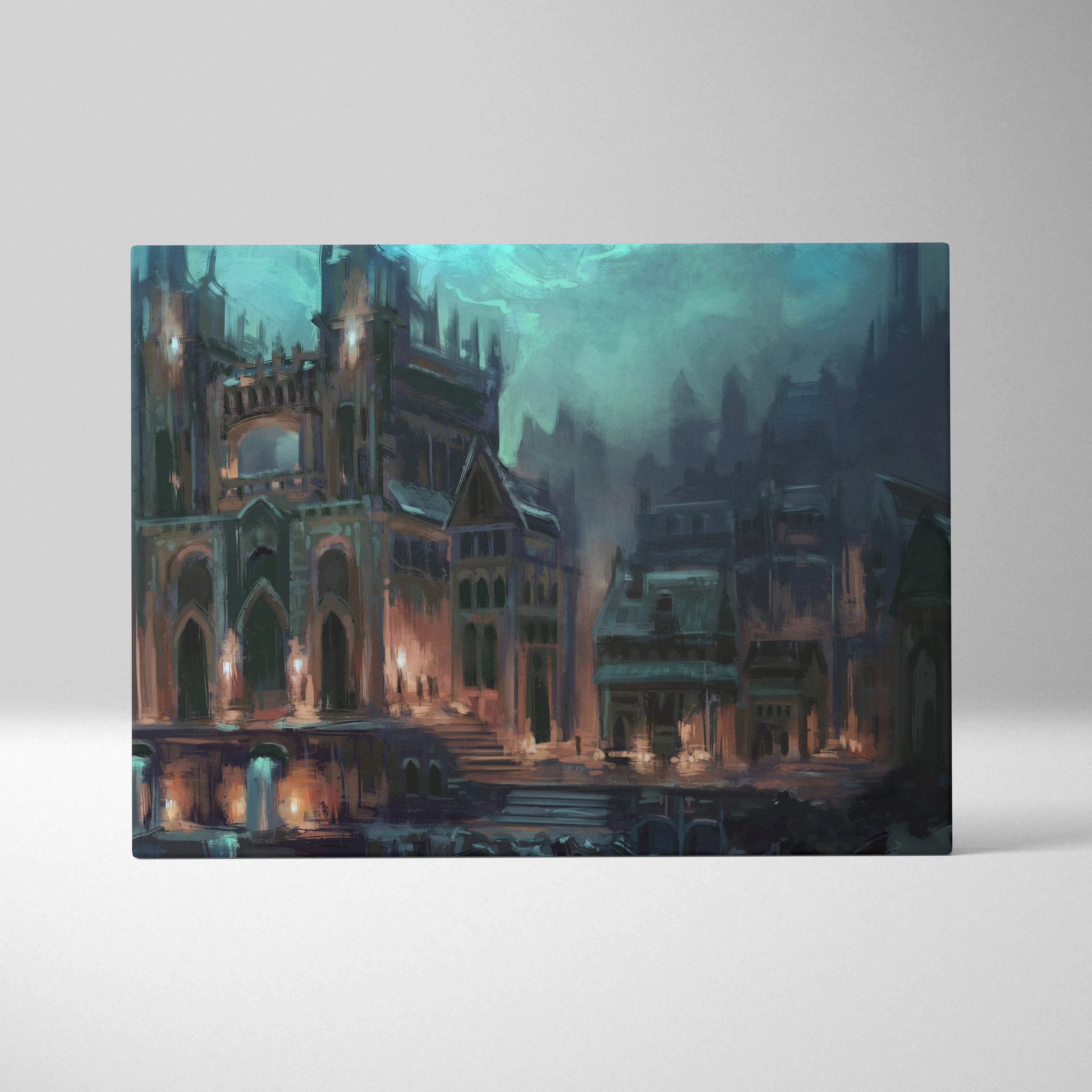 Moody gothic cityscape canvas wall art in teal and amber tones